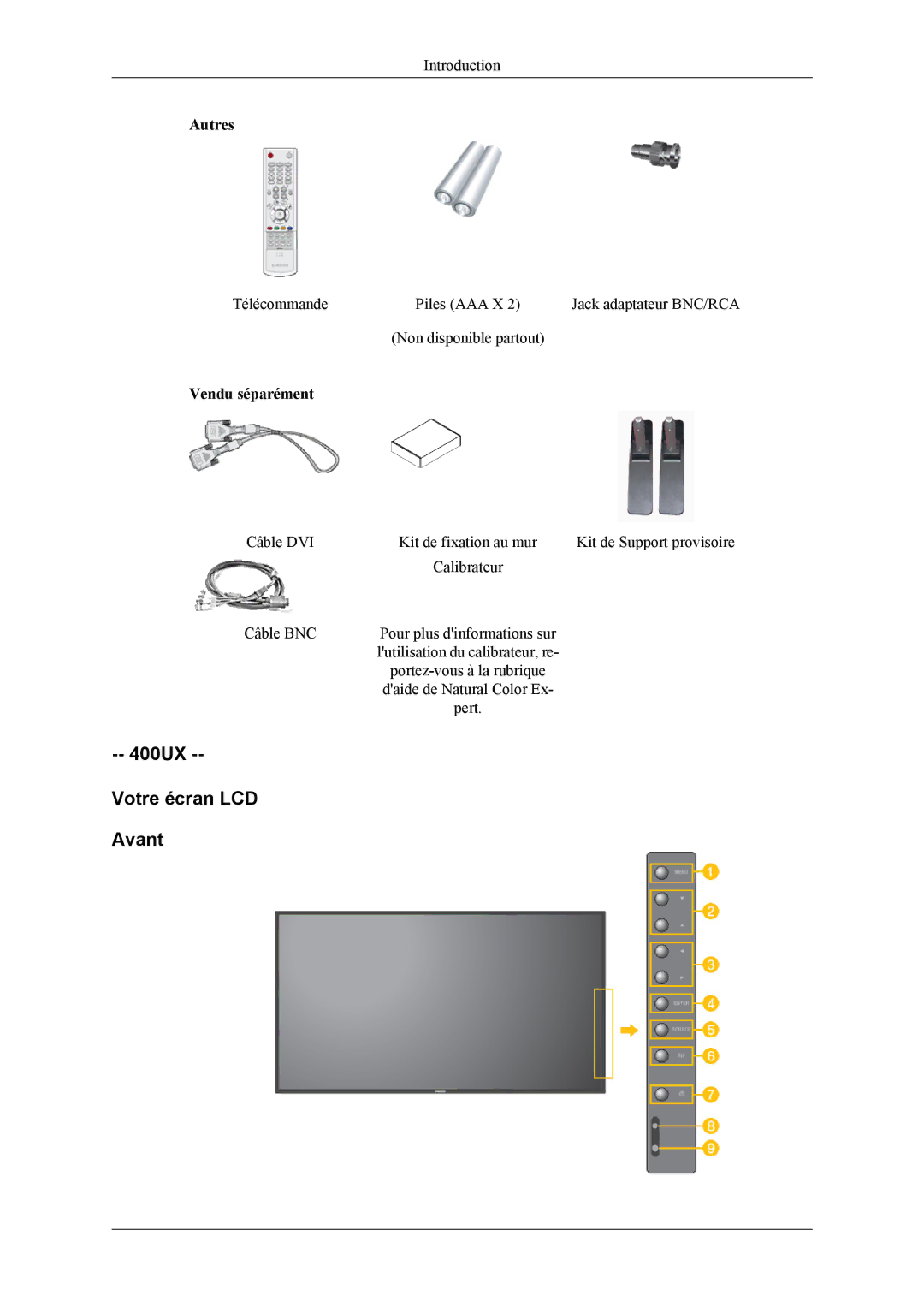 Samsung LH46MSPLBB/EN, LH46MSPLBM/EN, LH40MSPLBB/EN, LH40MSPLBM/EN 400UX Votre écran LCD Avant, Autres, Vendu séparément 