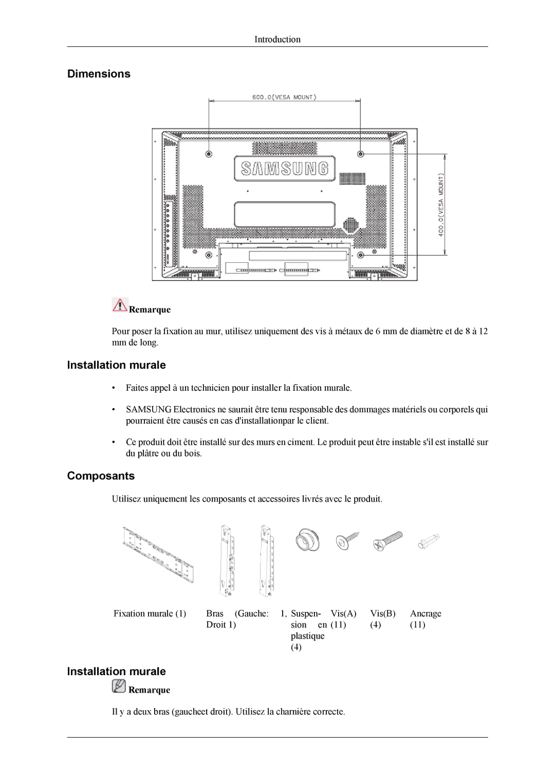 Samsung LH40MSPLBB/EN, LH46MSPLBM/EN, LH40MSPLBM/EN, LH46MSPLBB/EN manual Dimensions, Installation murale, Composants 