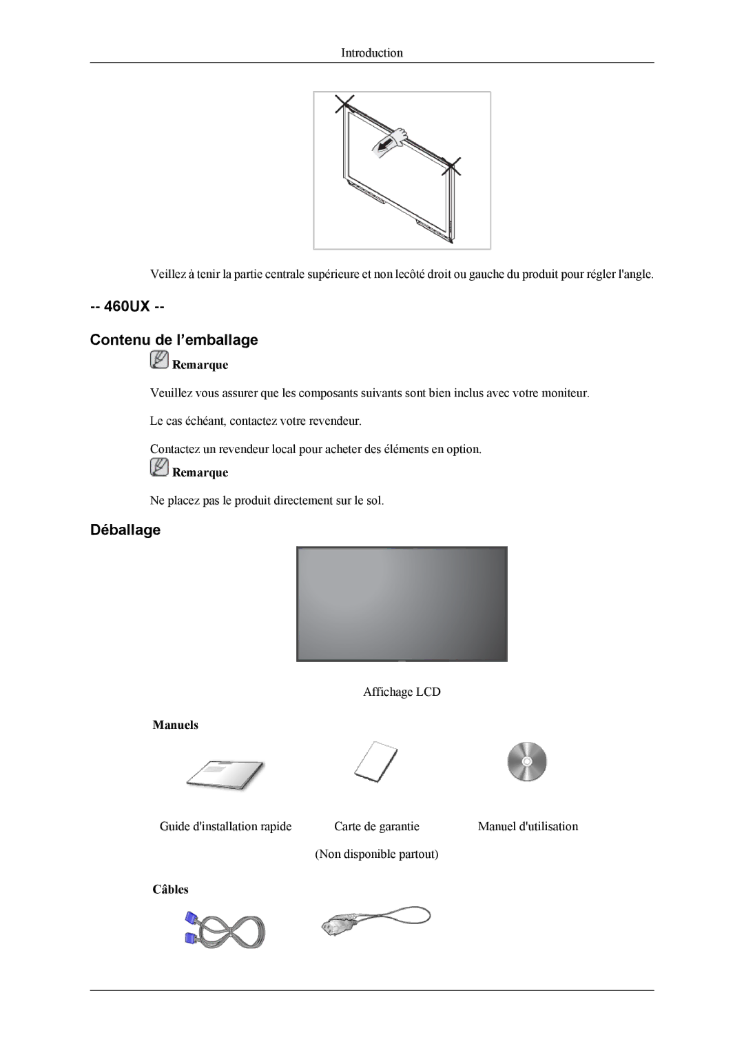 Samsung LH40MSPLBB/EN, LH46MSPLBM/EN, LH40MSPLBM/EN, LH46MSPLBB/EN manual 460UX Contenu de l’emballage, Déballage 