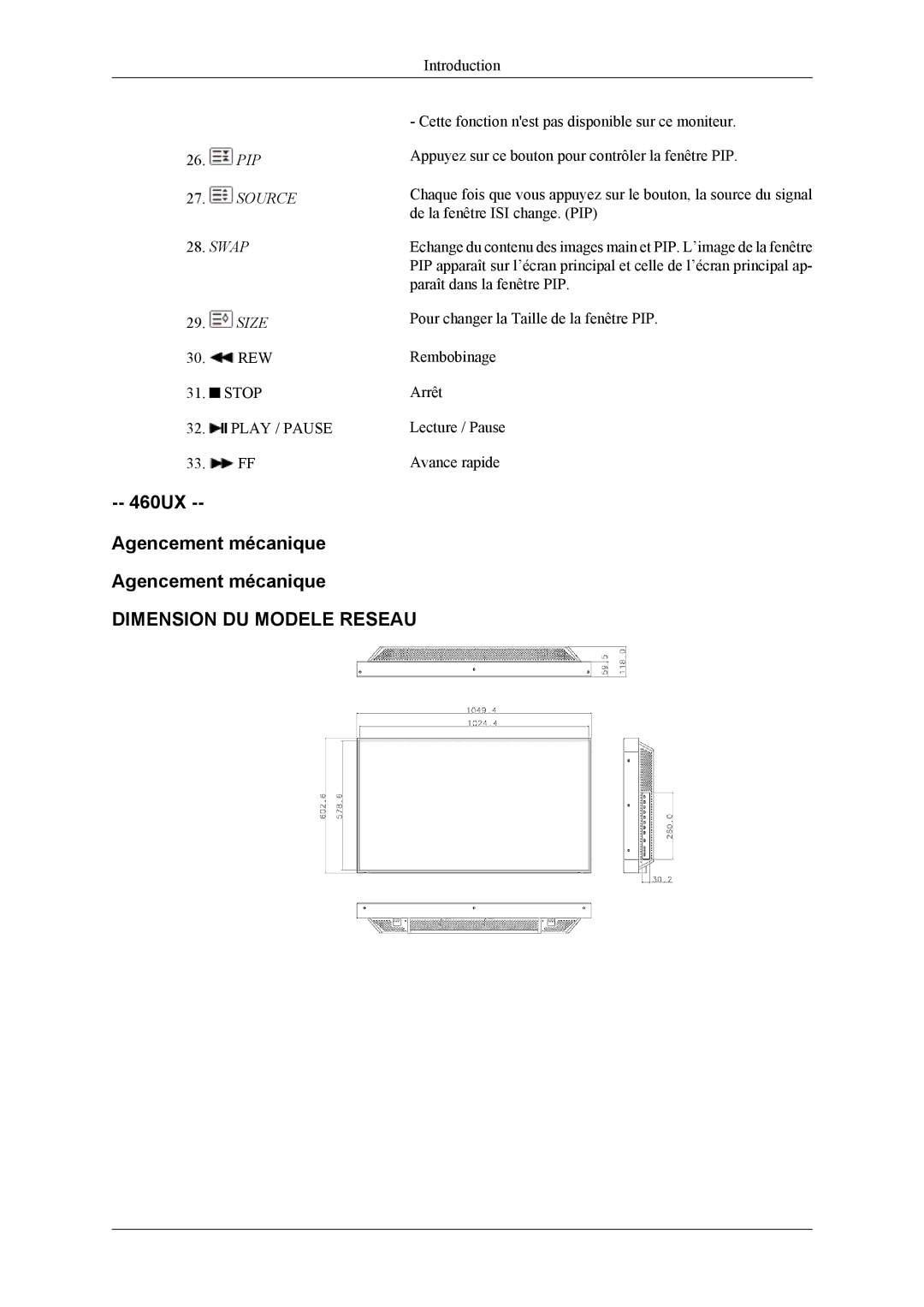 Samsung LH46MSPLBB/EN, LH46MSPLBM/EN, LH40MSPLBB/EN, LH40MSPLBM/EN manual 460UX Agencement mécanique 