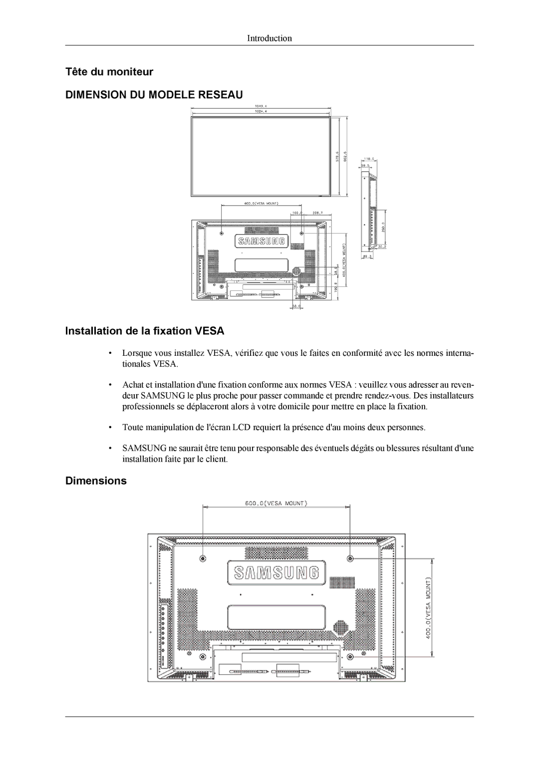 Samsung LH46MSPLBM/EN, LH40MSPLBB/EN, LH40MSPLBM/EN, LH46MSPLBB/EN manual Tête du moniteur 