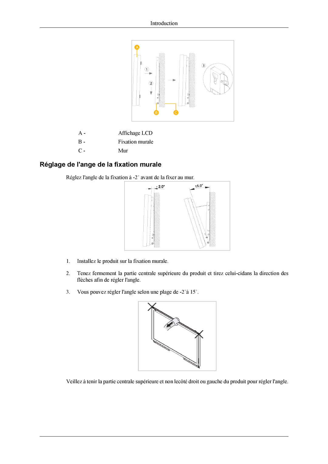 Samsung LH46MSPLBM/EN, LH40MSPLBB/EN, LH40MSPLBM/EN, LH46MSPLBB/EN manual Introduction Affichage LCD Fixation murale Mur 