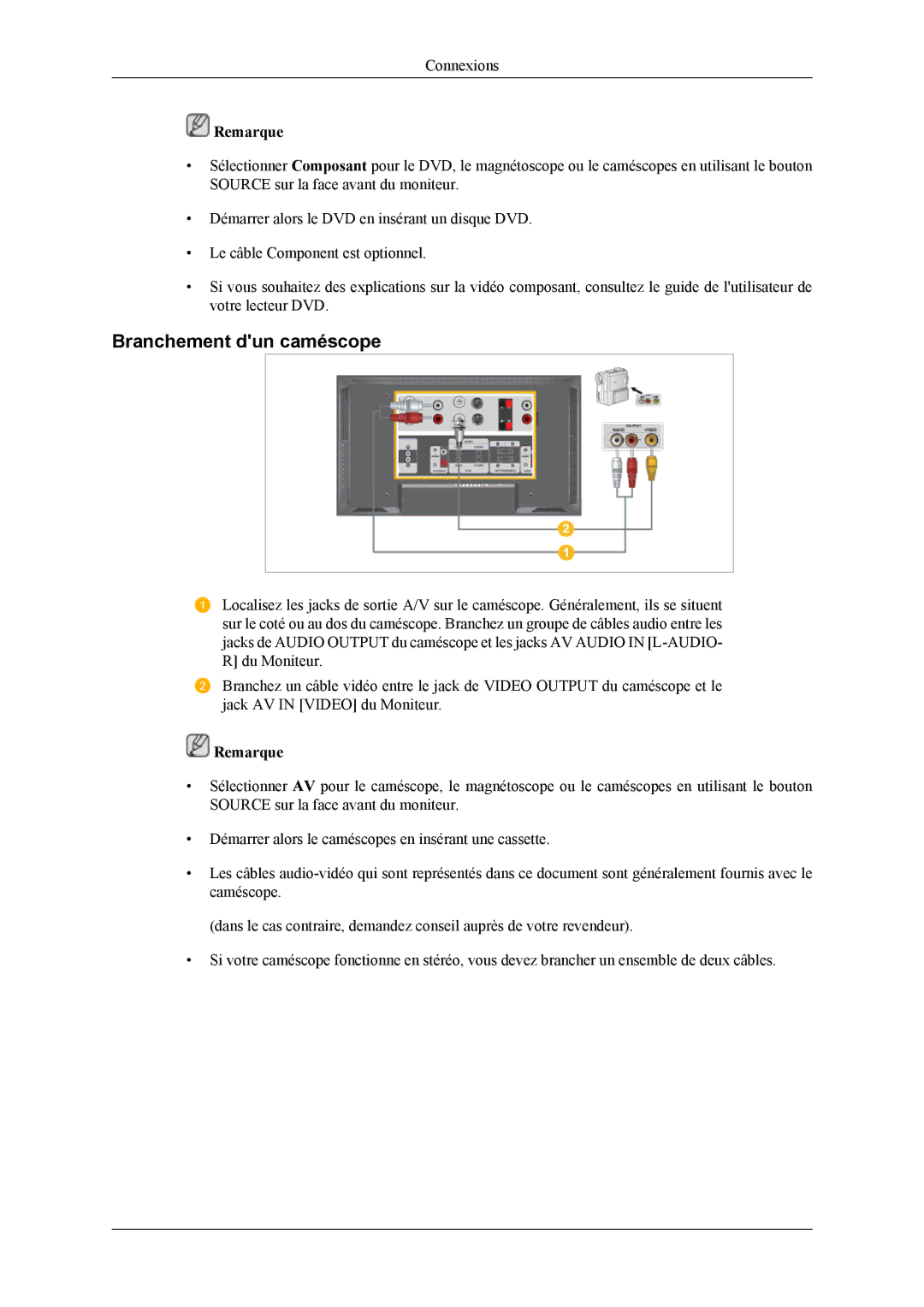 Samsung LH46MSPLBM/EN, LH40MSPLBB/EN, LH40MSPLBM/EN, LH46MSPLBB/EN manual Branchement dun caméscope 