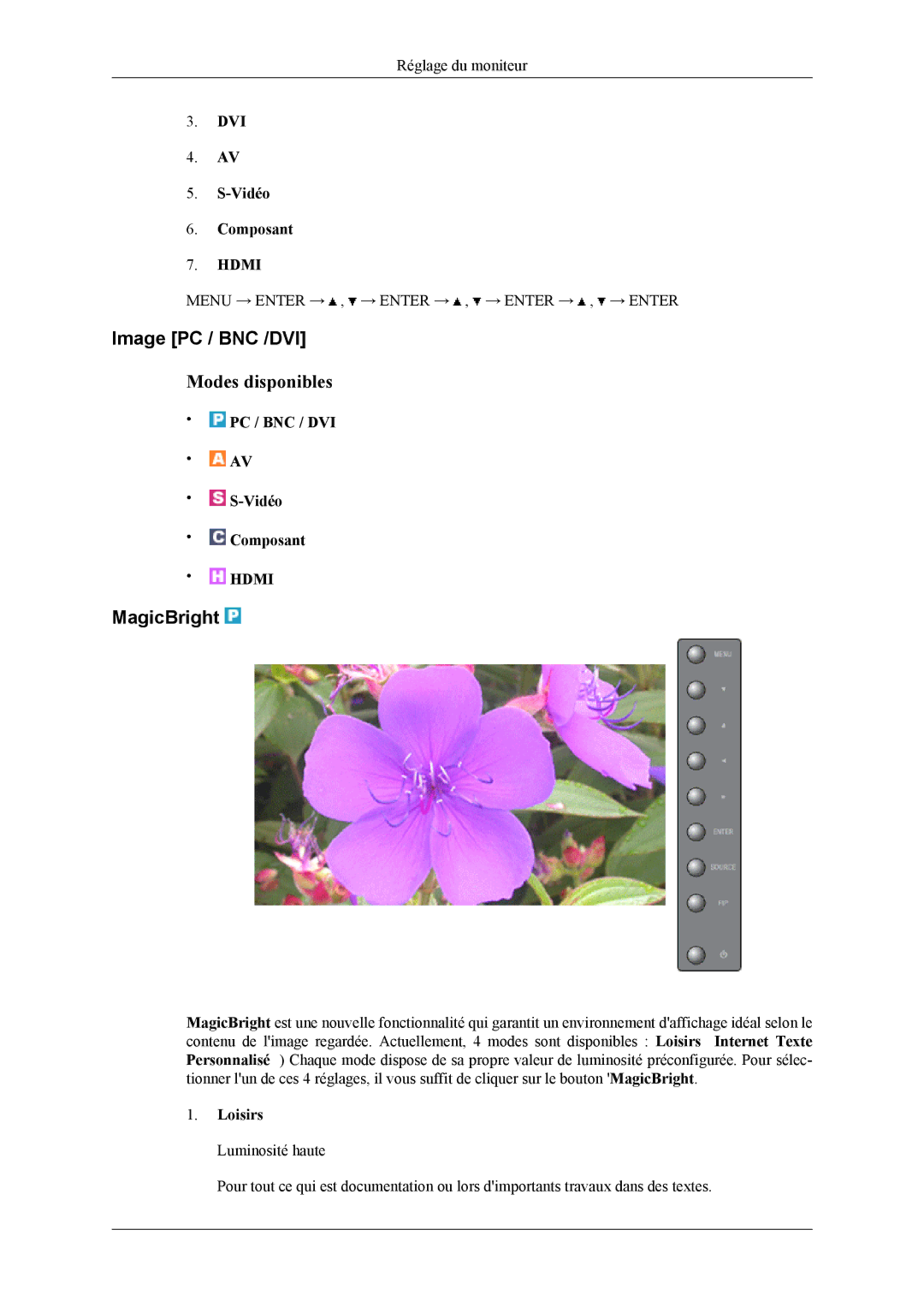 Samsung LH46MSPLBM/EN, LH40MSPLBB/EN manual Image PC / BNC /DVI, MagicBright, DVI Vidéo Composant, Loisirs Luminosité haute 