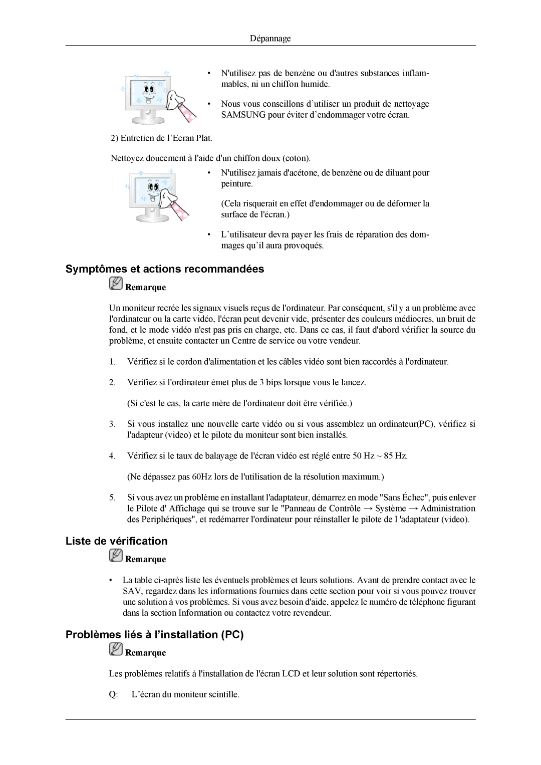 Samsung LH40MSPLBB/EN manual Symptômes et actions recommandées, Liste de vérification, Problèmes liés à l’installation PC 