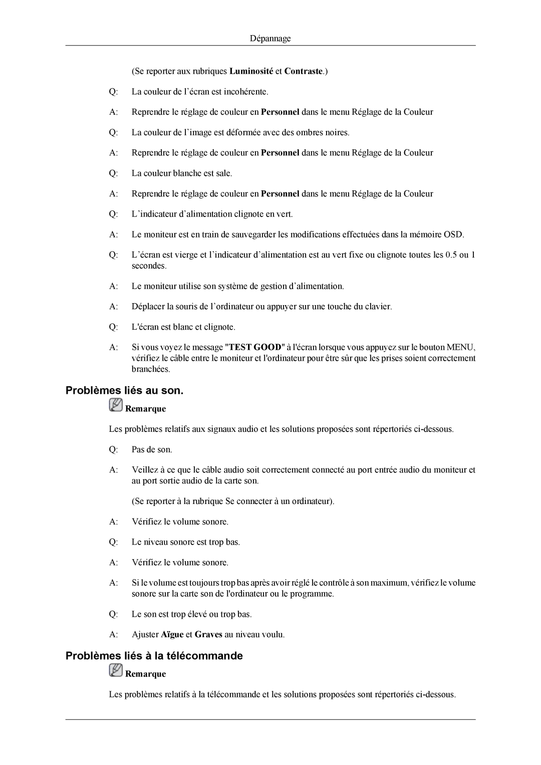 Samsung LH46MSPLBB/EN, LH46MSPLBM/EN, LH40MSPLBB/EN, LH40MSPLBM/EN Problèmes liés au son, Problèmes liés à la télécommande 