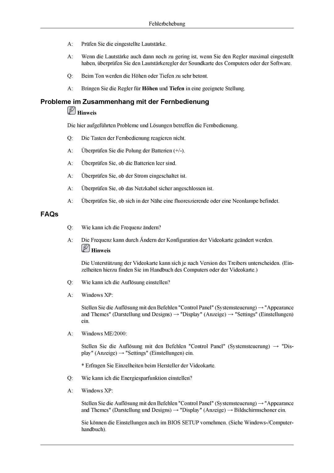 Samsung LH40MSTLBM/EN, LH46MSPLBM/EN, LH46MSTLBM/EN, LH40MSPLBB/EN manual Probleme im Zusammenhang mit der Fernbedienung, FAQs 