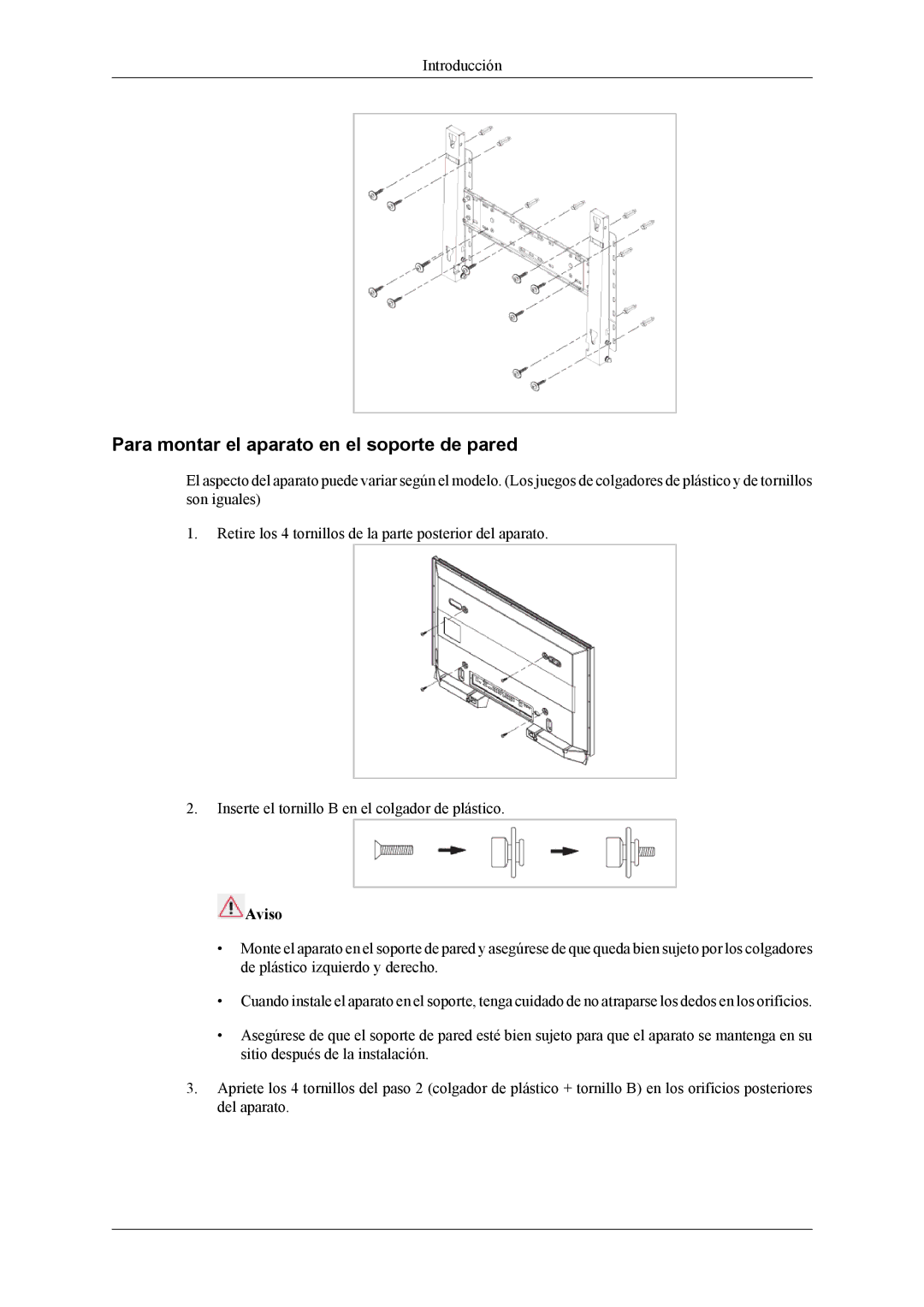 Samsung LH40MSPLBB/EN, LH46MSPLBM/EN, LH46MSTLBM/EN, LH40MSTLBM/EN manual Para montar el aparato en el soporte de pared 