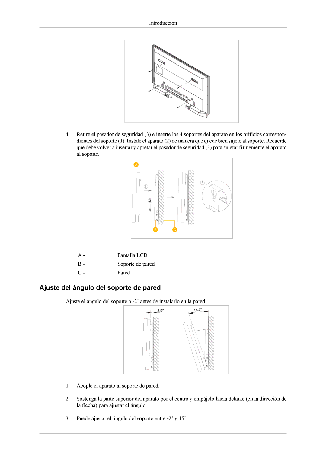 Samsung LH40MSPLBM/EN, LH46MSPLBM/EN, LH46MSTLBM/EN, LH40MSTLBM/EN, LH40MSPLBB/EN manual Ajuste del ángulo del soporte de pared 