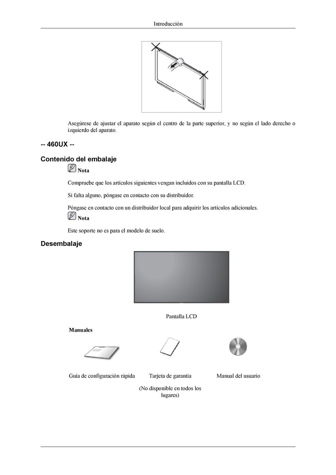 Samsung LH46MSPLBB/EN, LH46MSPLBM/EN, LH46MSTLBM/EN, LH40MSTLBM/EN, LH40MSPLBB/EN 460UX Contenido del embalaje, Desembalaje 