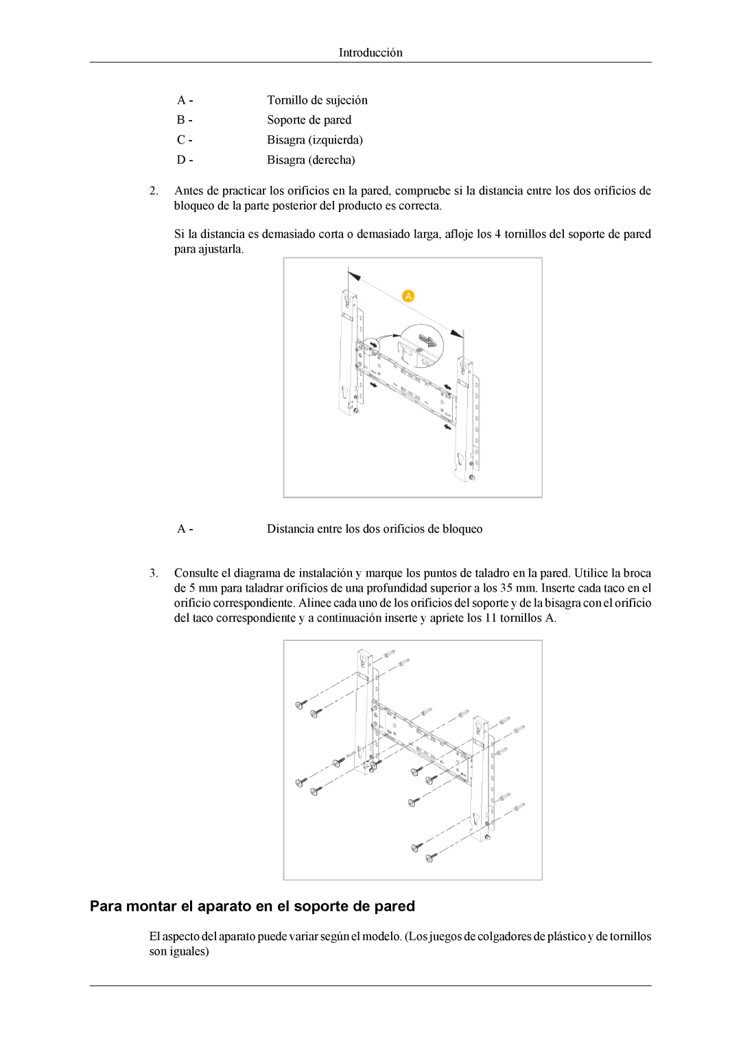 Samsung LH46MSPLBM/EN, LH46MSTLBM/EN, LH40MSTLBM/EN, LH40MSPLBB/EN manual Para montar el aparato en el soporte de pared 