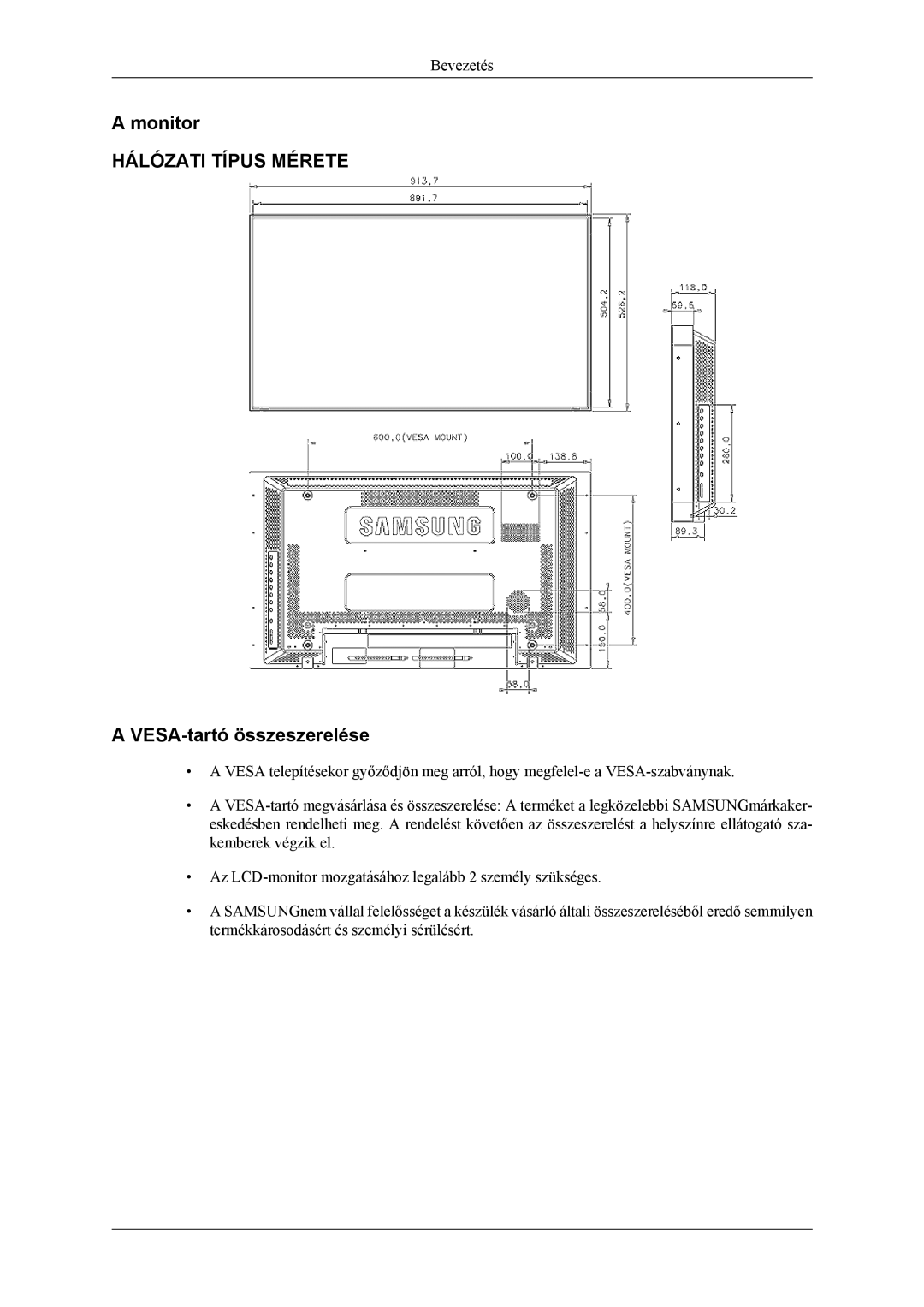 Samsung LH46MSPLBM/EN, LH46MSTLBM/EN, LH40MSTLBM/EN, LH40MSPLBB/EN, LH40MSPLBM/EN manual Monitor, VESA-tartó összeszerelése 