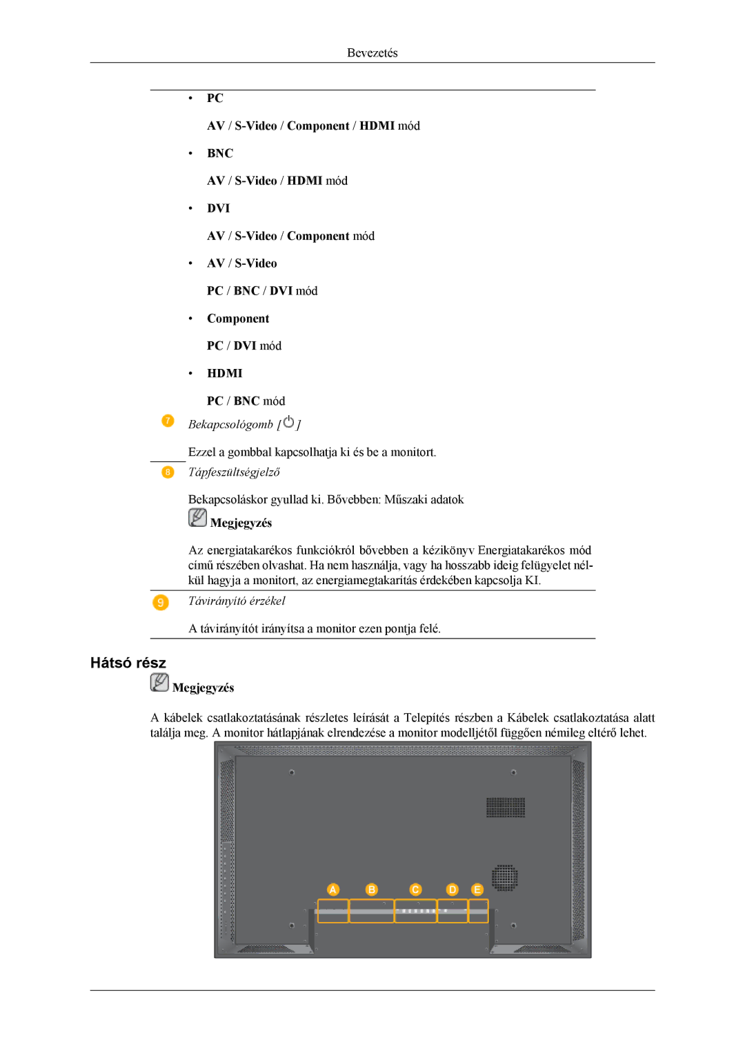 Samsung LH40MSTLBM/EN, LH46MSPLBM/EN, LH46MSTLBM/EN, LH40MSPLBB/EN, LH40MSPLBM/EN, LH46MSPLBB/EN manual Hátsó rész 