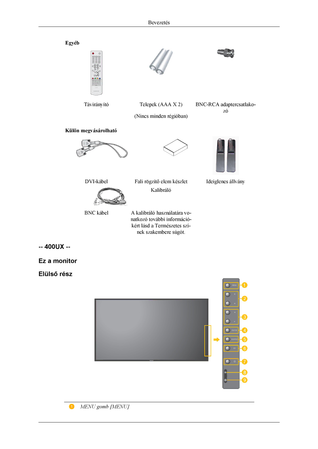 Samsung LH40MSPLBB/EN, LH46MSPLBM/EN, LH46MSTLBM/EN manual 400UX Ez a monitor Elülső rész, Egyéb, Külön megvásárolható 