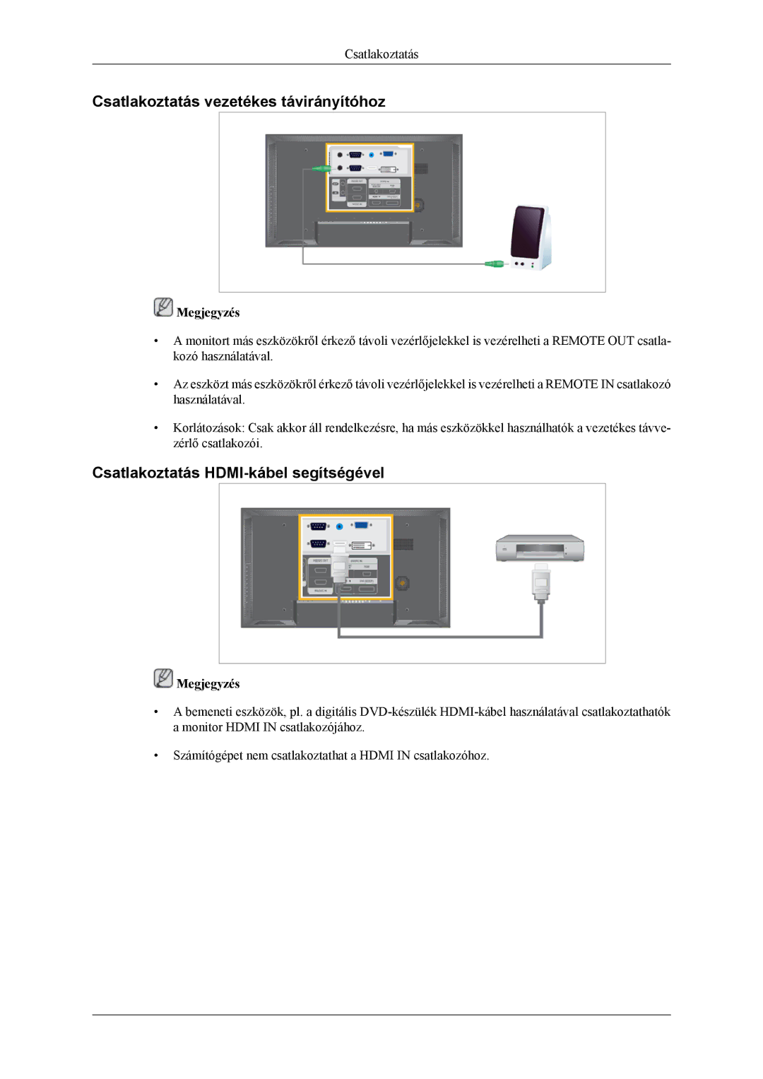 Samsung LH40MSTLBM/EN, LH46MSPLBM/EN manual Csatlakoztatás vezetékes távirányítóhoz, Csatlakoztatás HDMI-kábel segítségével 