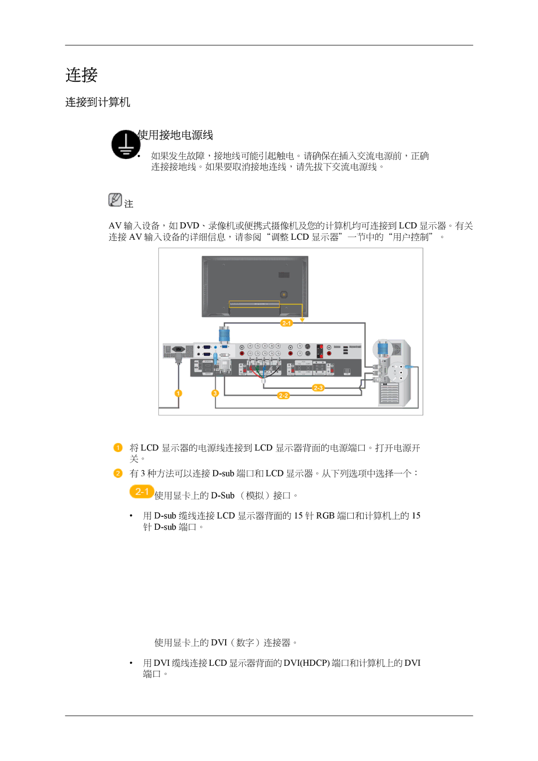 Samsung LH40MSTLBM/EN, LH46MSPLBM/EN, LH46MSTLBM/EN, LH40MSPLBB/EN, LH40MSPLBM/EN, LH46MSPLBB/EN manual 连接到计算机 使用接地电源线 