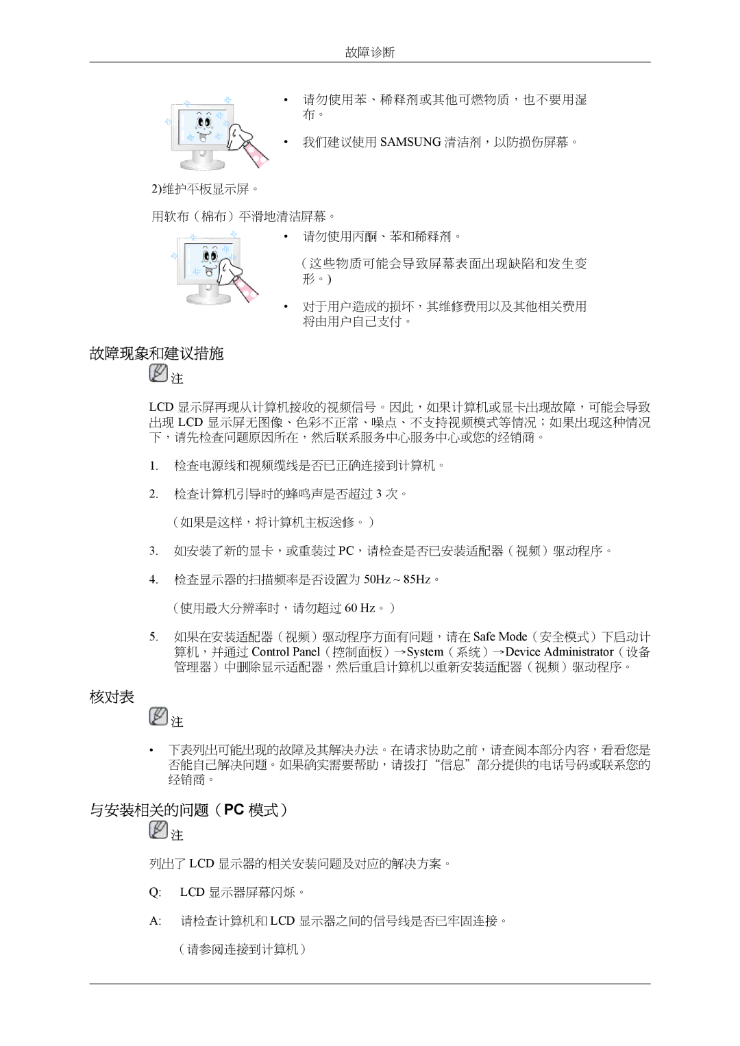 Samsung LH40MSPLBM/EN, LH46MSPLBM/EN, LH46MSTLBM/EN, LH40MSTLBM/EN, LH40MSPLBB/EN manual 故障现象和建议措施, 核对表, 与安装相关的问题（Pc 模式） 