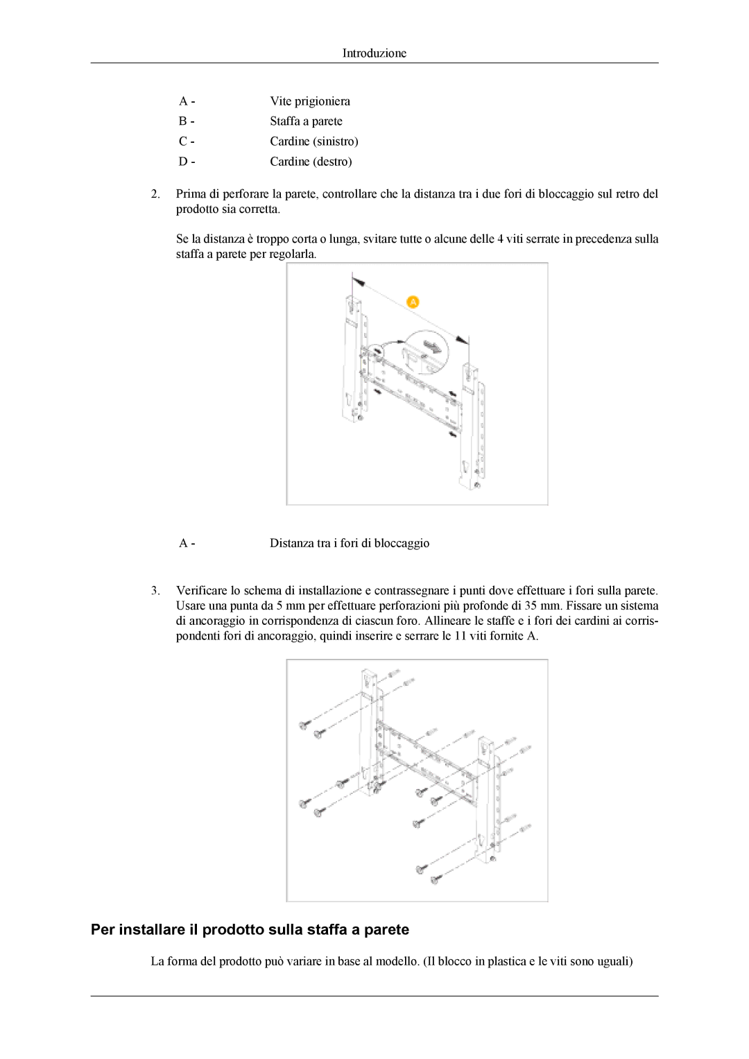 Samsung LS46BPTNS/EDC, LH46MSPLBM/EN, LH46MSTLBM/EN, LH40MSTLBM/EN manual Per installare il prodotto sulla staffa a parete 