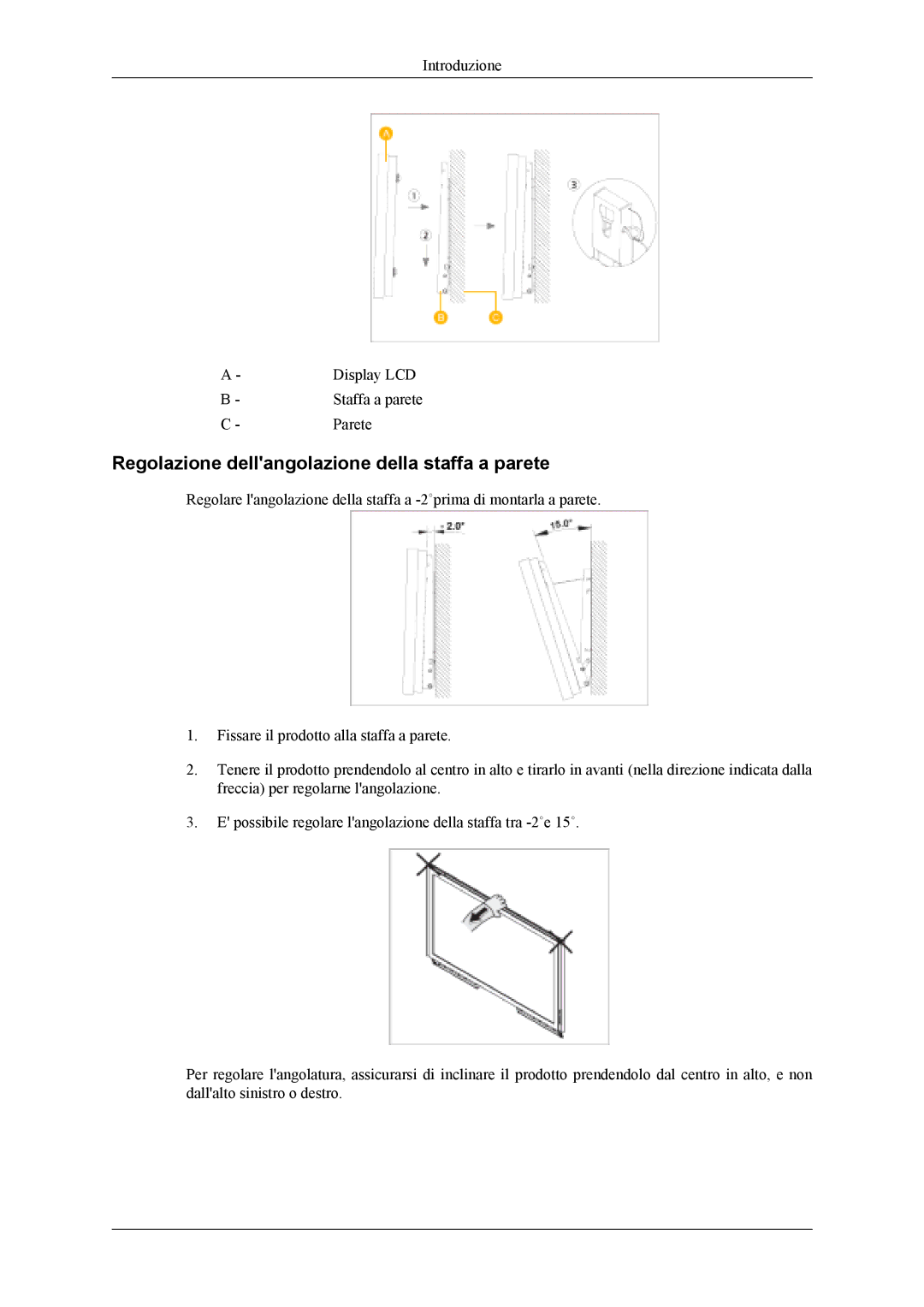 Samsung LH40MSTLBM/EN, LH46MSPLBM/EN, LS46BPTNS/EDC, LH46MSTLBM/EN manual Introduzione Display LCD Staffa a parete Parete 