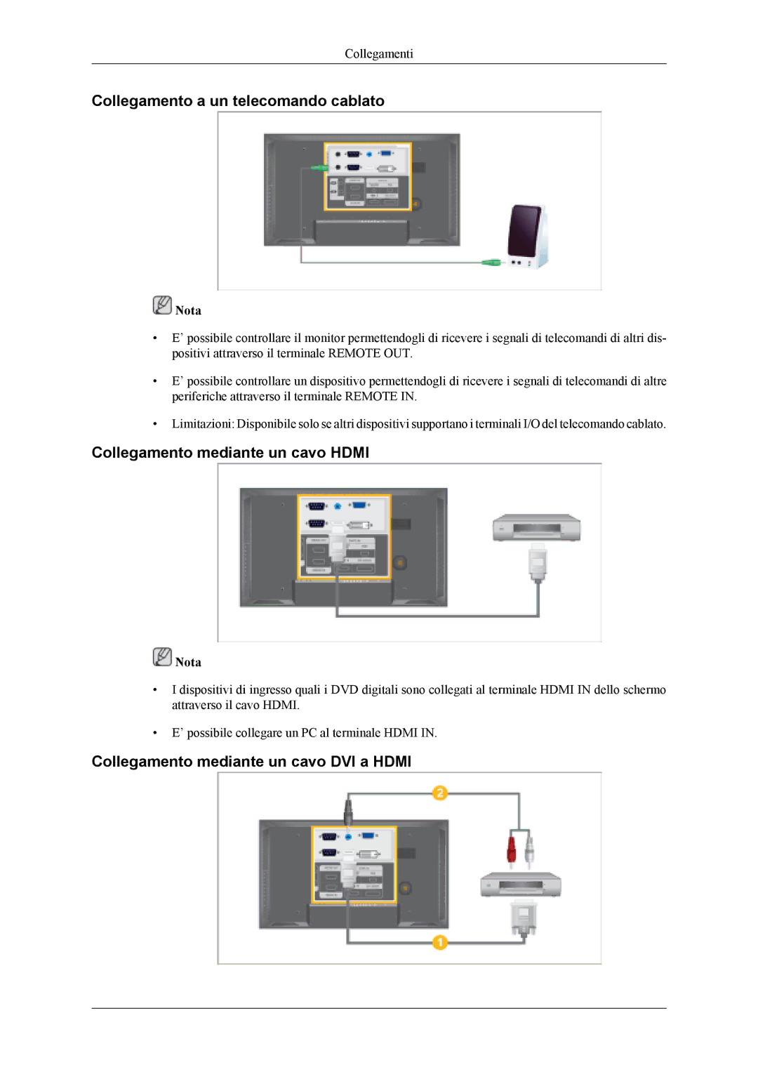 Samsung LS46BPTNB/EDC, LH46MSPLBM/EN manual Collegamento a un telecomando cablato, Collegamento mediante un cavo Hdmi 