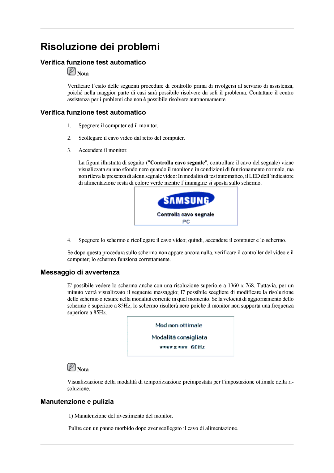 Samsung LH40MSPLBB/EN, LH46MSPLBM/EN Verifica funzione test automatico, Messaggio di avvertenza, Manutenzione e pulizia 