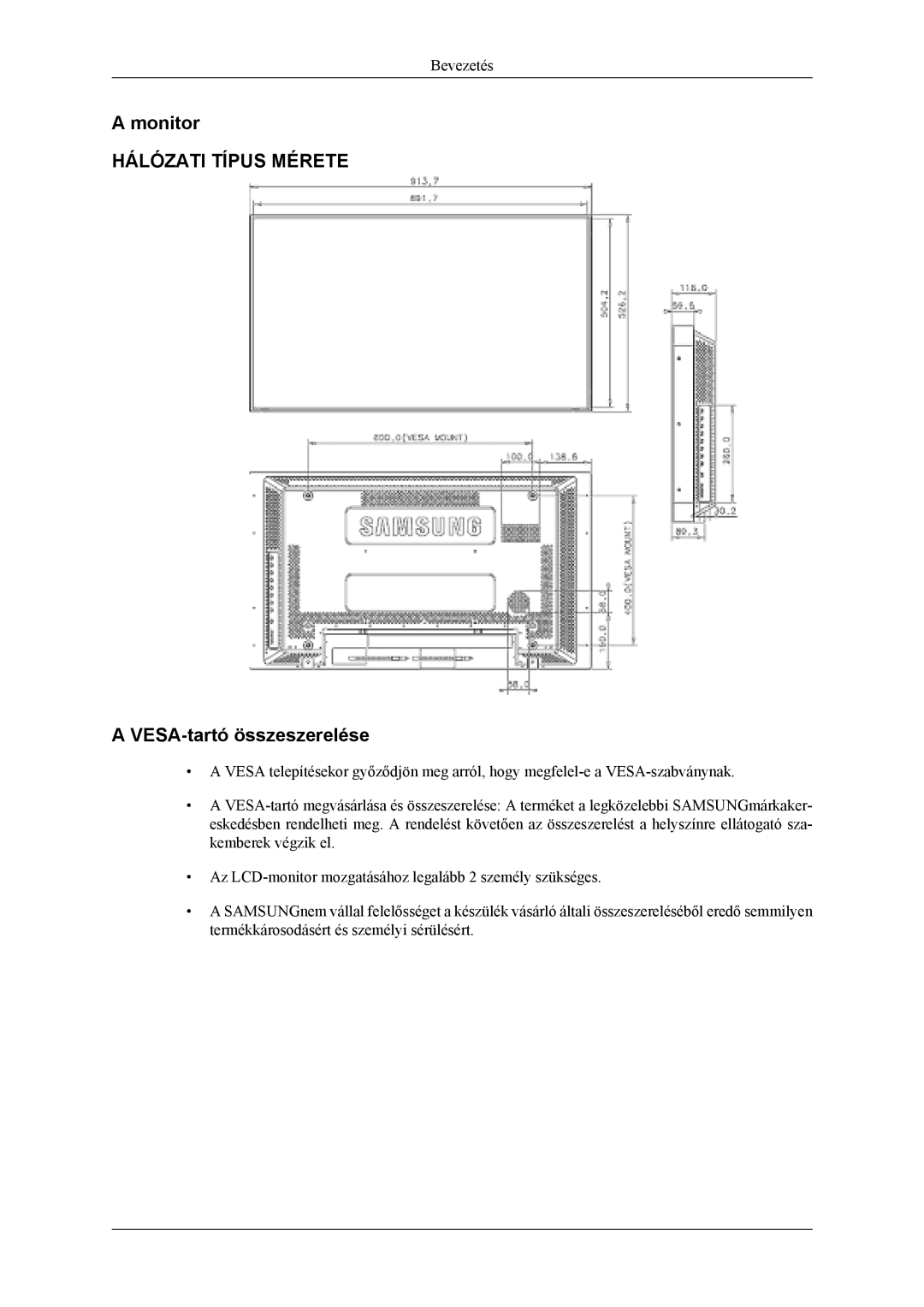 Samsung LH46MSTLBM/EN, LH46MSPLBM/EN, LS46BPTNS/EDC, LH40MSTLBM/EN, LH46MSTLBB/EN manual Monitor, VESA-tartó összeszerelése 