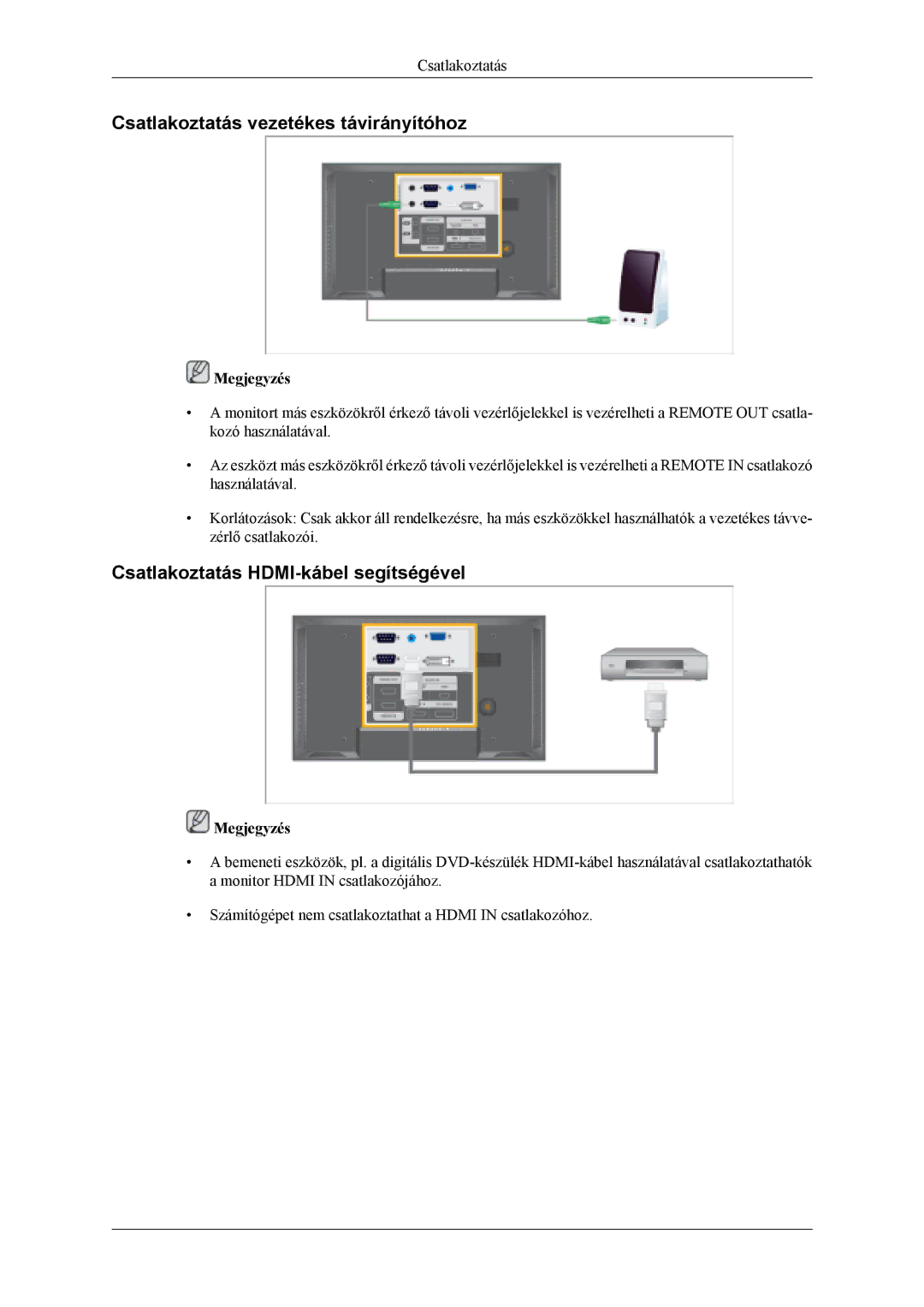 Samsung LH46MSPLBB/EN, LH46MSPLBM/EN manual Csatlakoztatás vezetékes távirányítóhoz, Csatlakoztatás HDMI-kábel segítségével 