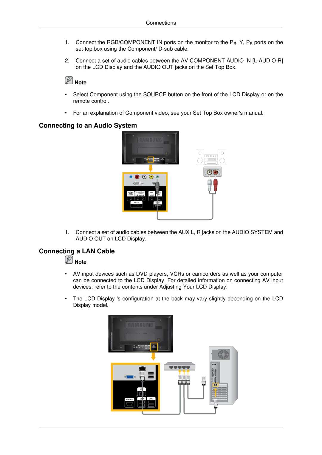 Samsung LH46MSTLBB/EN, LH46MSTABB/EN, LH46MRPLBF/EN, LH40MRTLBC/EN Connecting to an Audio System, Connecting a LAN Cable 