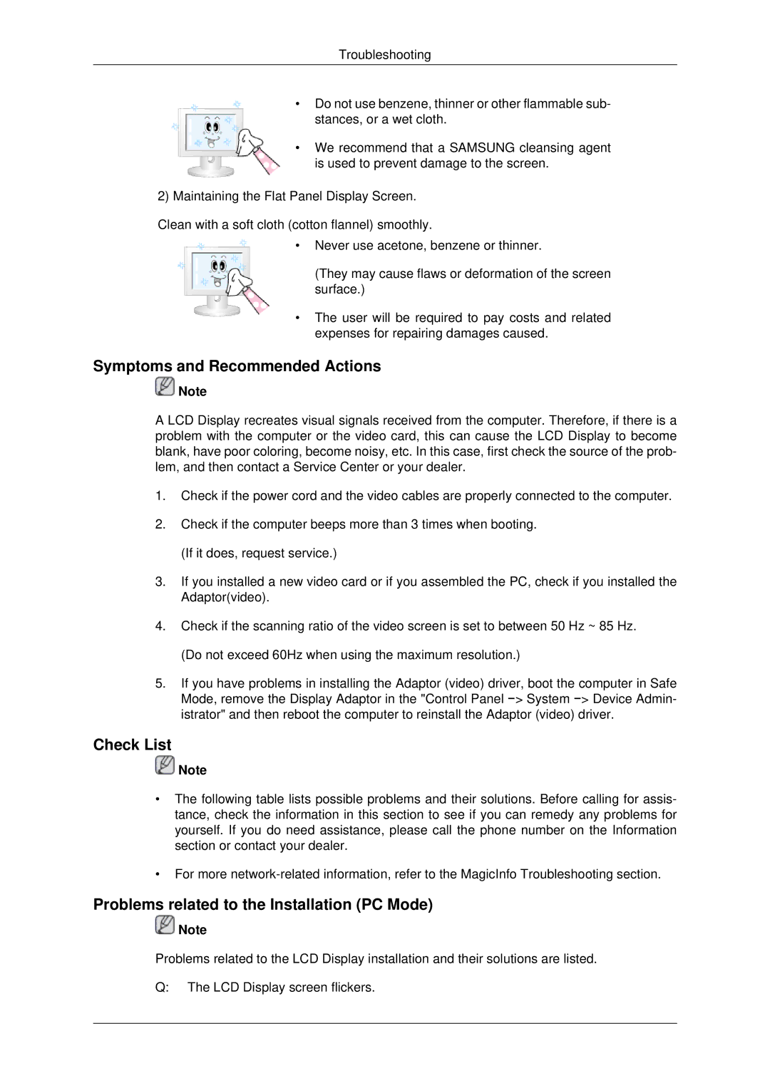 Samsung LH40MRTLBC/XY manual Symptoms and Recommended Actions, Check List, Problems related to the Installation PC Mode 