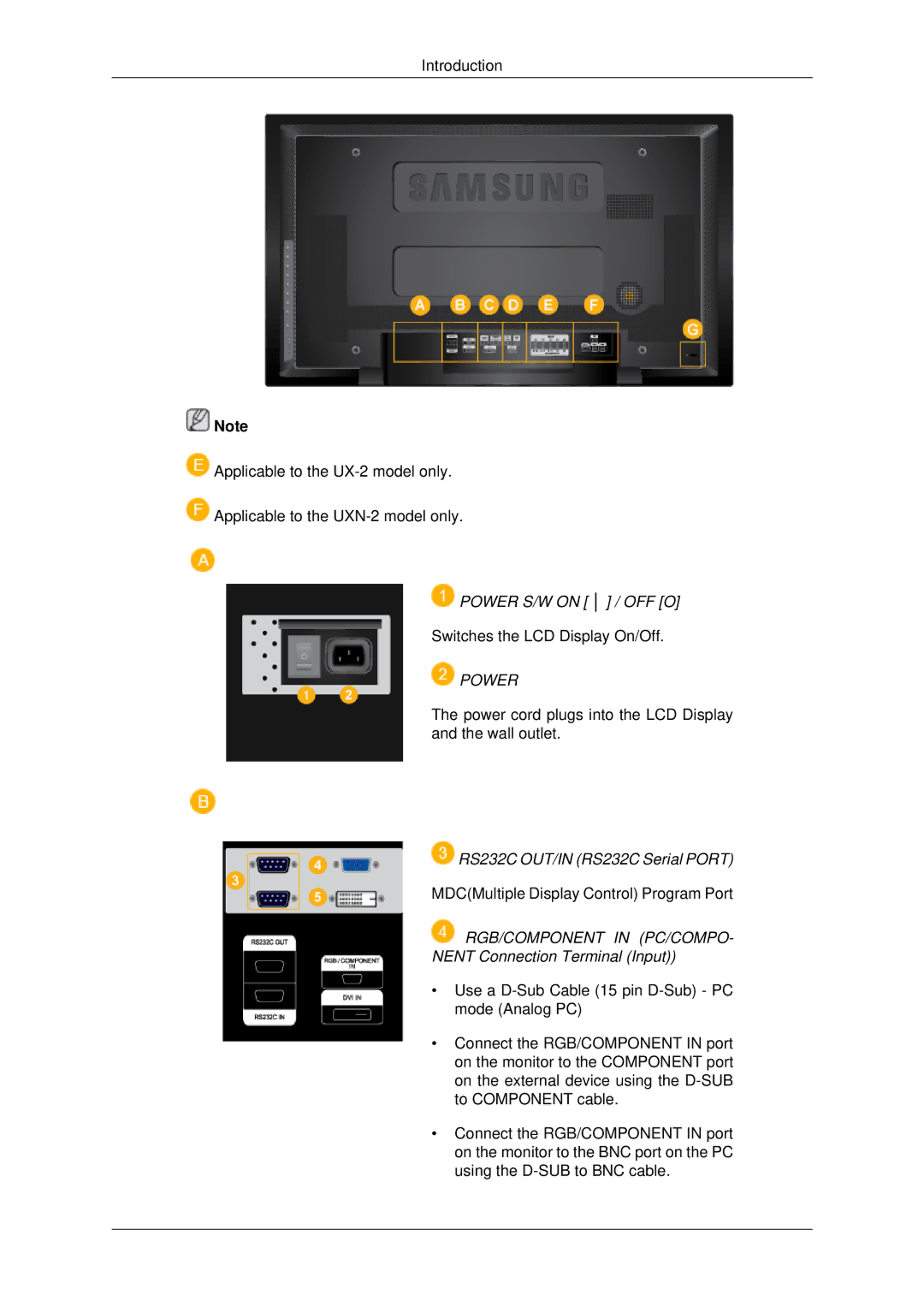 Samsung LH46MRTLBN/EN manual Power S/W on / OFF O, RS232C OUT/IN RS232C Serial Port, Nent Connection Terminal Input 