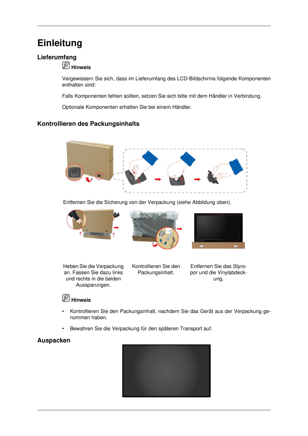 Samsung LH46MRTLBC/EN, LH46MSTABB/EN, LH46MRPLBF/EN manual Lieferumfang, Kontrollieren des Packungsinhalts, Auspacken 