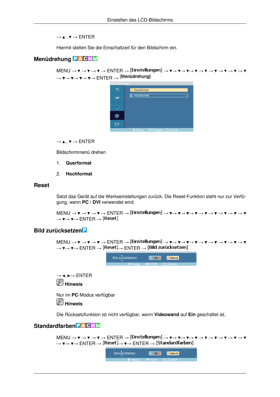 Samsung LH46MRTLBC/EN, LH46MSTABB/EN manual Menüdrehung, Reset, Bild zurücksetzen, Standardfarben, Querformat Hochformat 