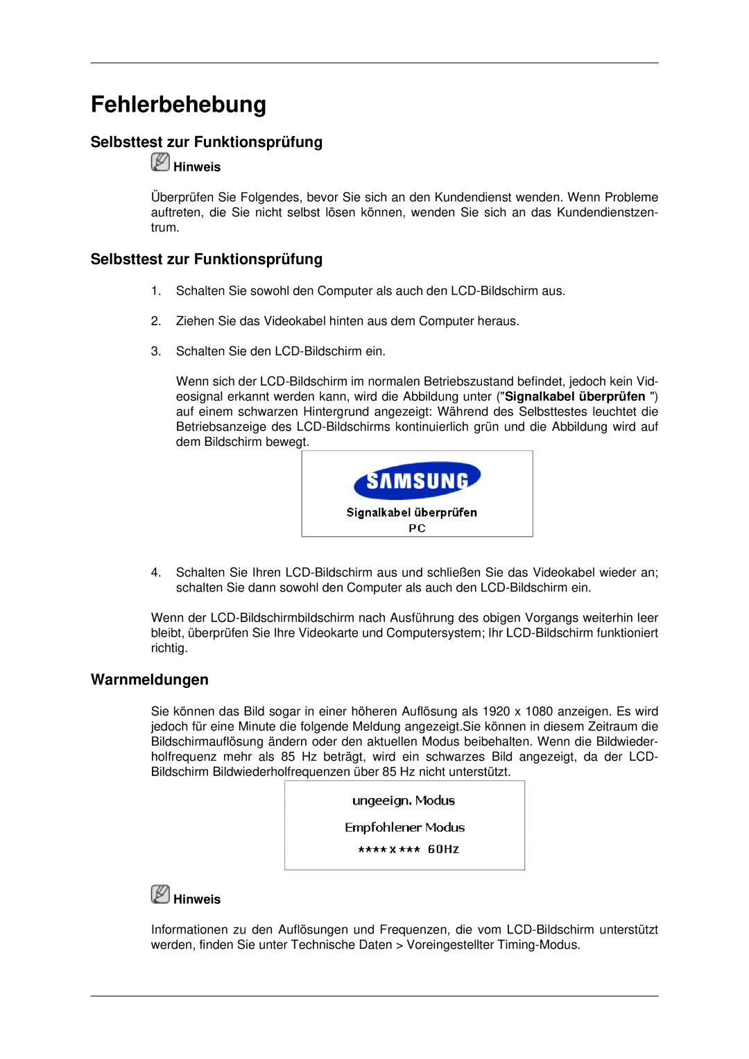 Samsung LH46MRTLBC/EN, LH46MSTABB/EN, LH46MRPLBF/EN, LH40MRTLBC/EN manual Selbsttest zur Funktionsprüfung, Warnmeldungen 