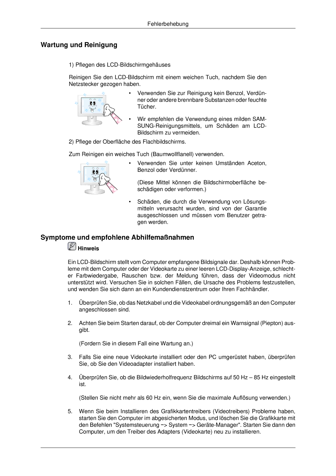 Samsung LH46MSTLBB/EN, LH46MSTABB/EN, LH46MRPLBF/EN manual Wartung und Reinigung, Symptome und empfohlene Abhilfemaßnahmen 