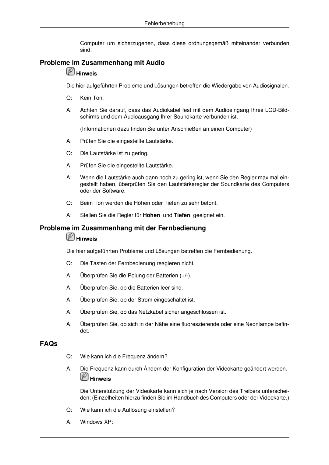 Samsung LH40MRTLBC/EN manual Probleme im Zusammenhang mit Audio, Probleme im Zusammenhang mit der Fernbedienung, FAQs 