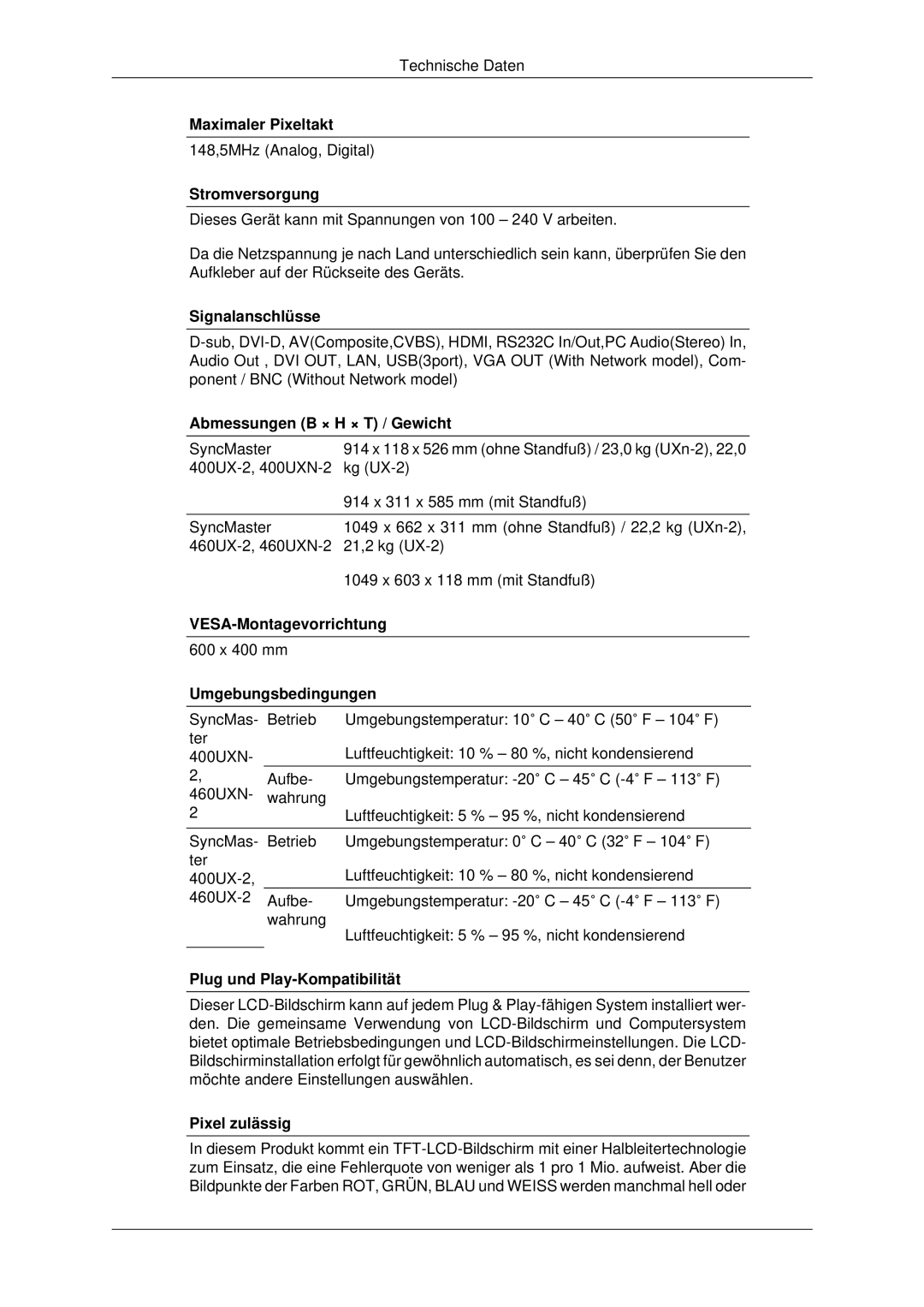 Samsung LH46MSTLBB/EN manual Maximaler Pixeltakt, Stromversorgung, Signalanschlüsse, Abmessungen B × H × T / Gewicht 