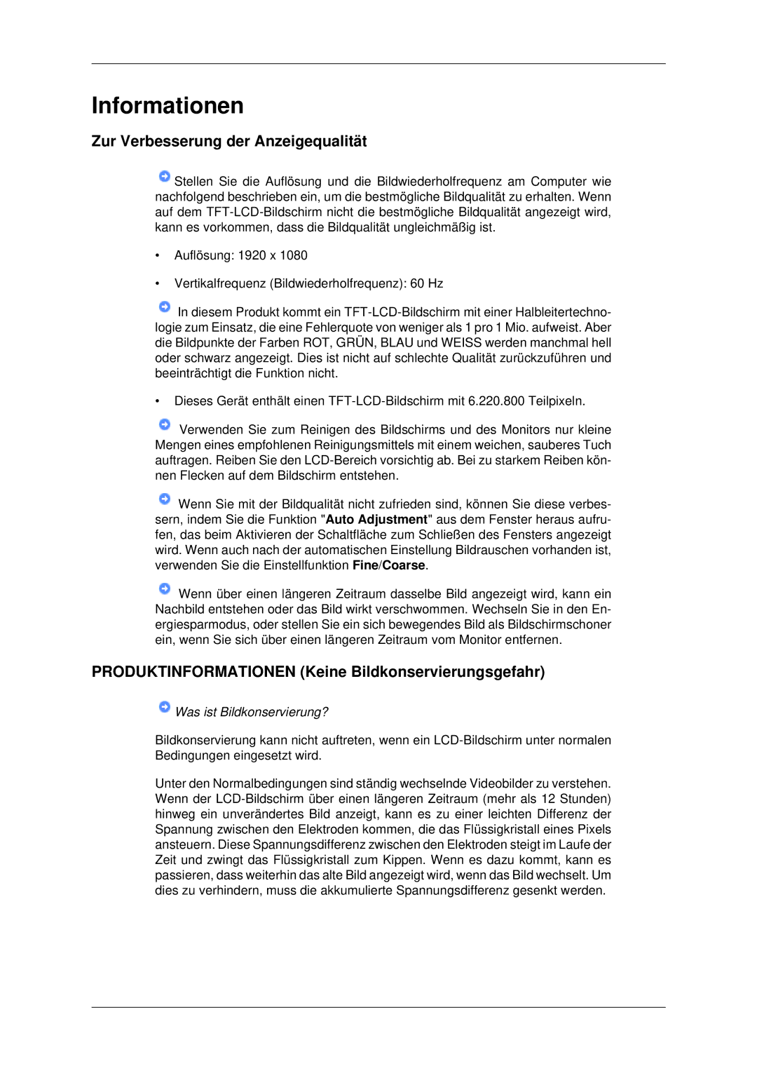 Samsung LH40MRTLBC/EN manual Zur Verbesserung der Anzeigequalität, Produktinformationen Keine Bildkonservierungsgefahr 