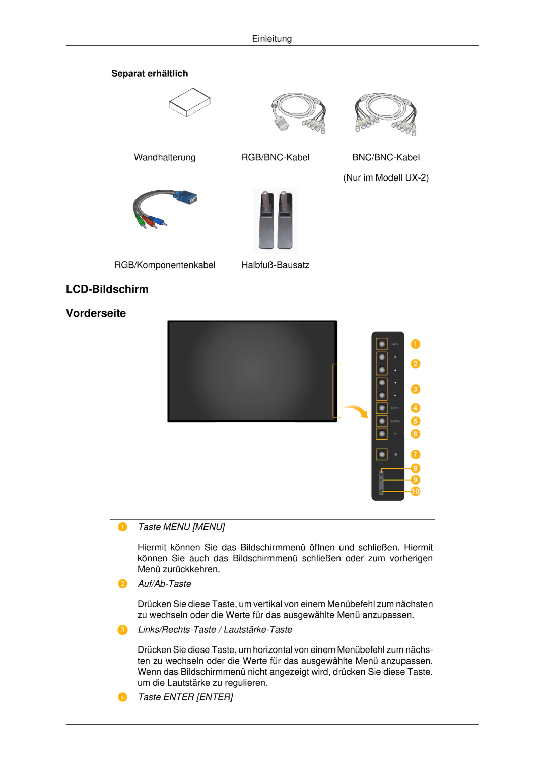 Samsung LH46MSTABB/EN, LH46MRPLBF/EN, LH40MRTLBC/EN, LH40MRPLBF/EN, LH46MRTLBC/EN LCD-Bildschirm Vorderseite, Taste Menu Menu 