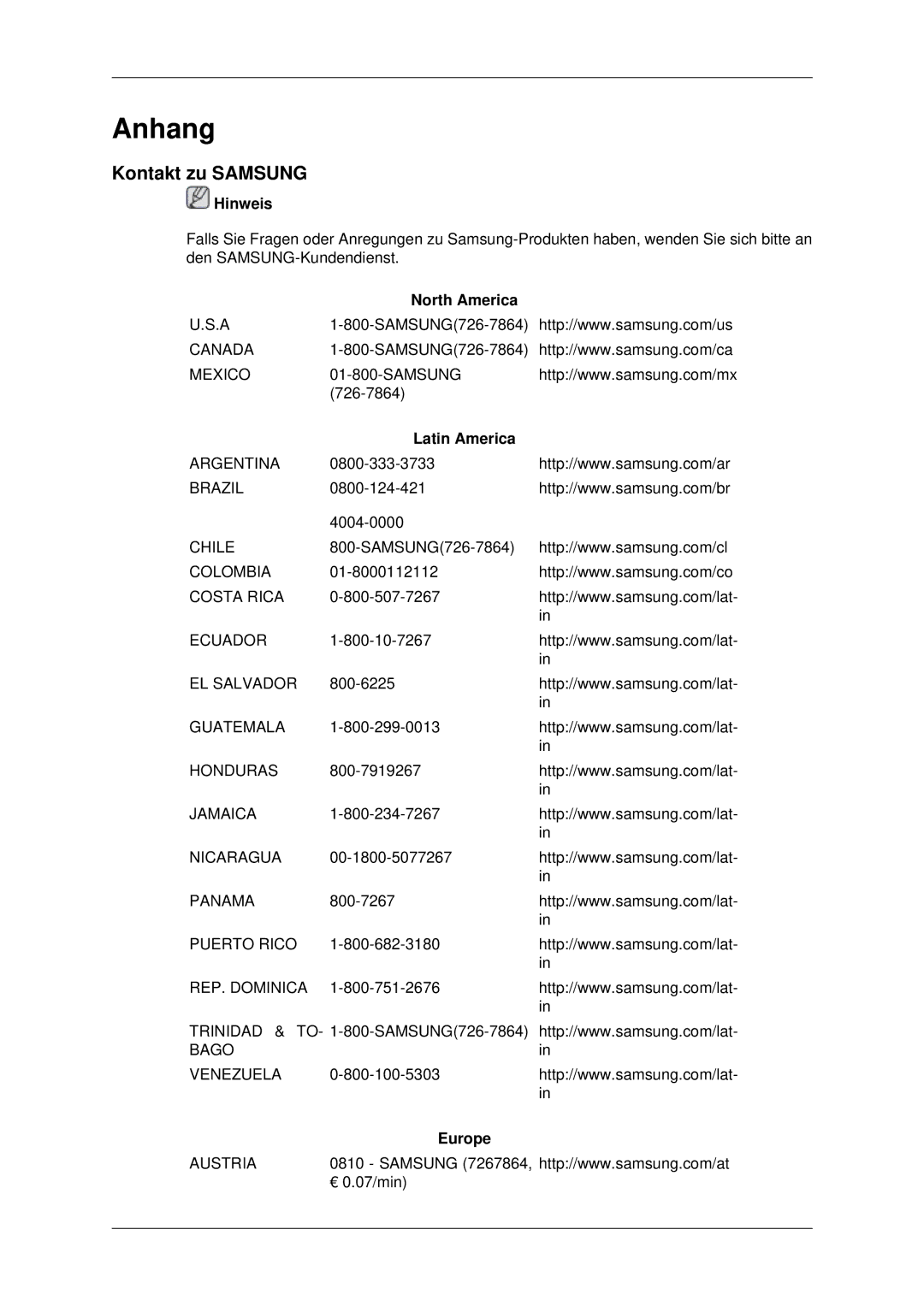 Samsung LH46MRPLBF/EN, LH46MSTABB/EN, LH40MRTLBC/EN, LH40MRPLBF/EN Kontakt zu Samsung, North America, Latin America, Europe 