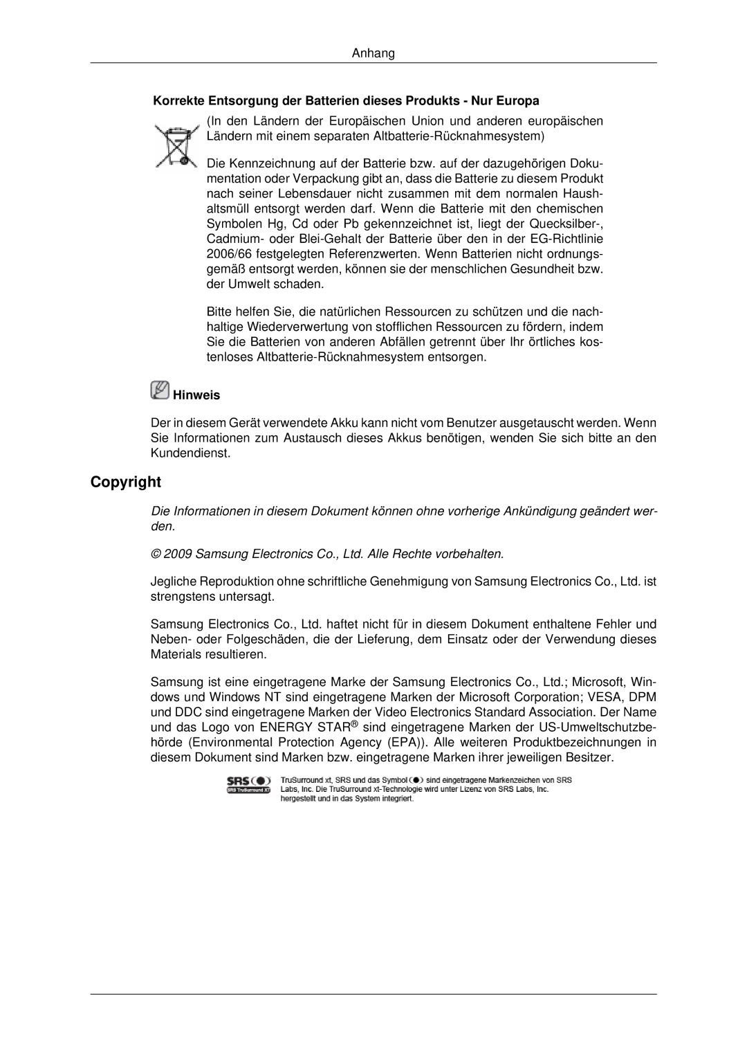 Samsung LH46MSTLBB/EN, LH46MSTABB/EN, LH46MRPLBF/EN Copyright, Korrekte Entsorgung der Batterien dieses Produkts Nur Europa 