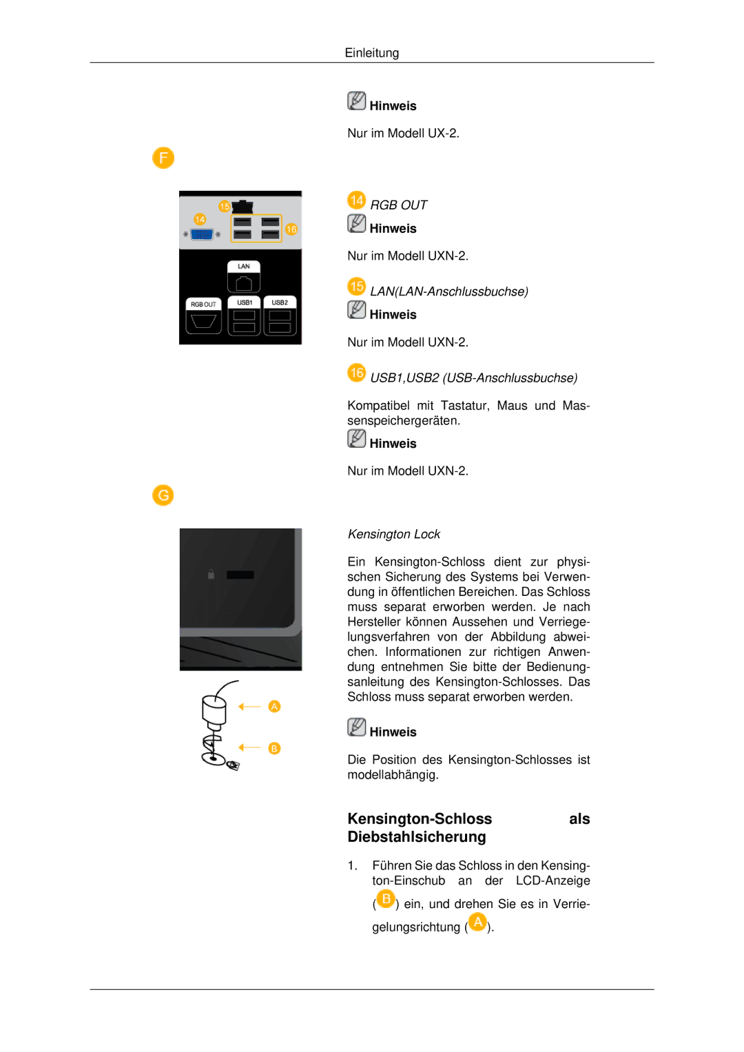 Samsung LH46MSTLBB/EN, LH46MSTABB/EN, LH46MRPLBF/EN, LH40MRTLBC/EN Kensington-Schlossals Diebstahlsicherung, Kensington Lock 