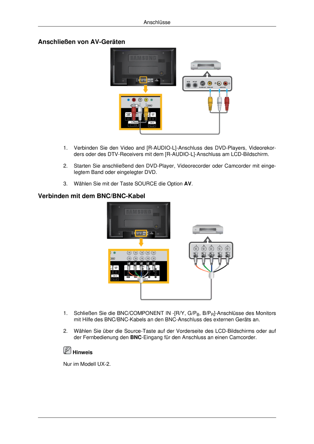 Samsung LH46MSTABB/EN, LH46MRPLBF/EN, LH40MRTLBC/EN manual Anschließen von AV-Geräten, Verbinden mit dem BNC/BNC-Kabel 