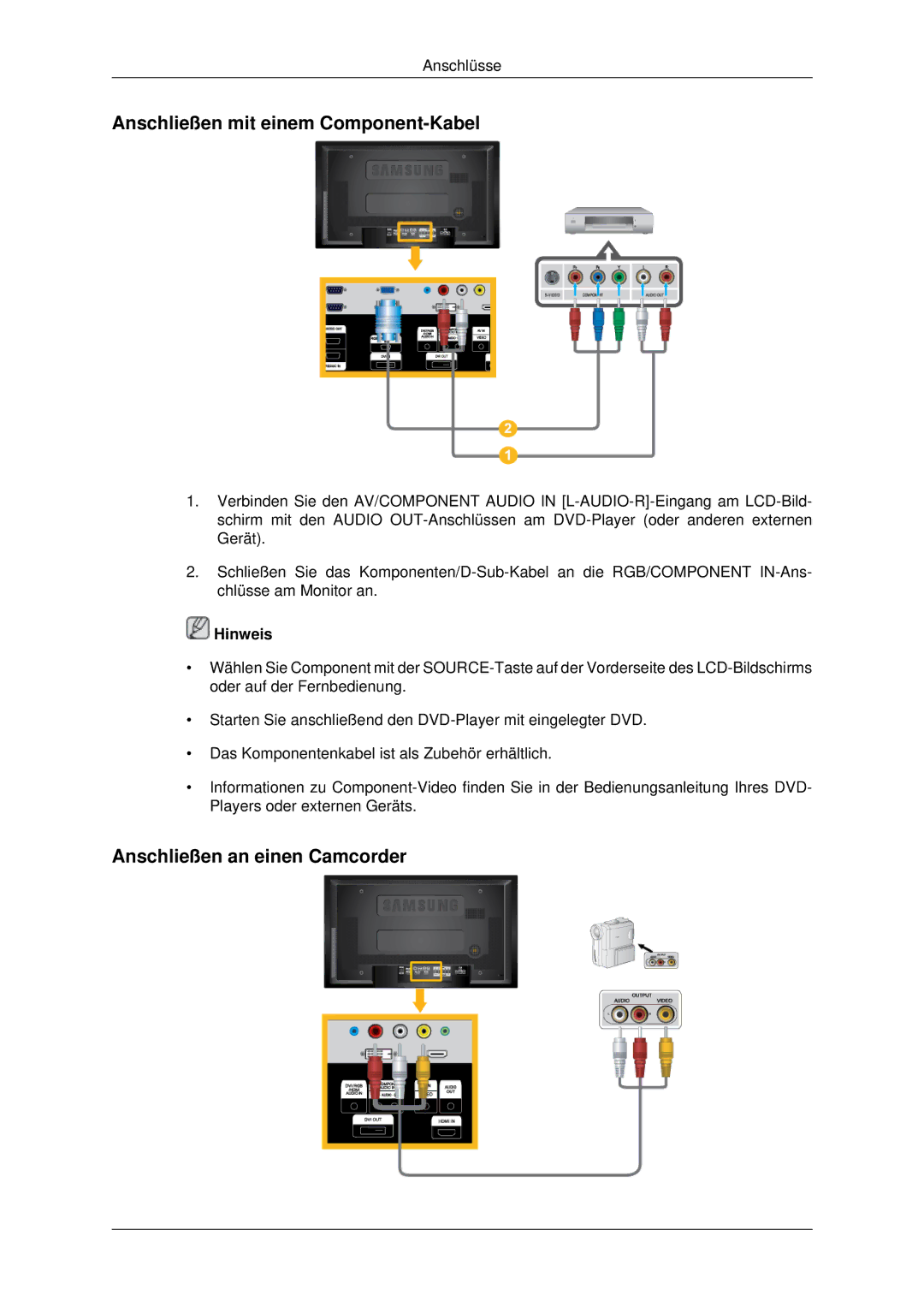 Samsung LH40MRTLBC/EN, LH46MSTABB/EN, LH46MRPLBF/EN Anschließen mit einem Component-Kabel, Anschließen an einen Camcorder 