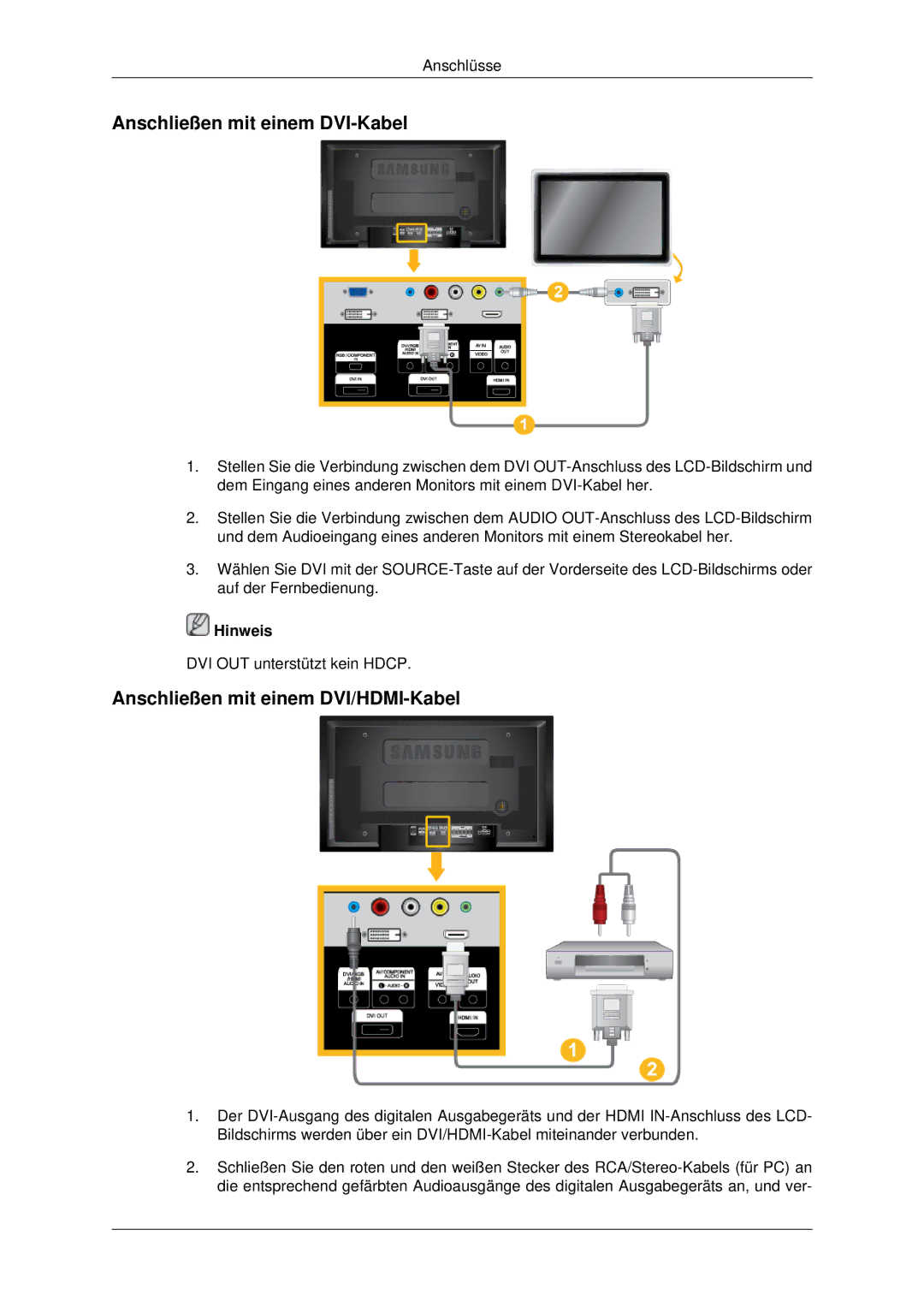 Samsung LH46MRTLBC/EN, LH46MSTABB/EN, LH46MRPLBF/EN Anschließen mit einem DVI-Kabel, Anschließen mit einem DVI/HDMI-Kabel 