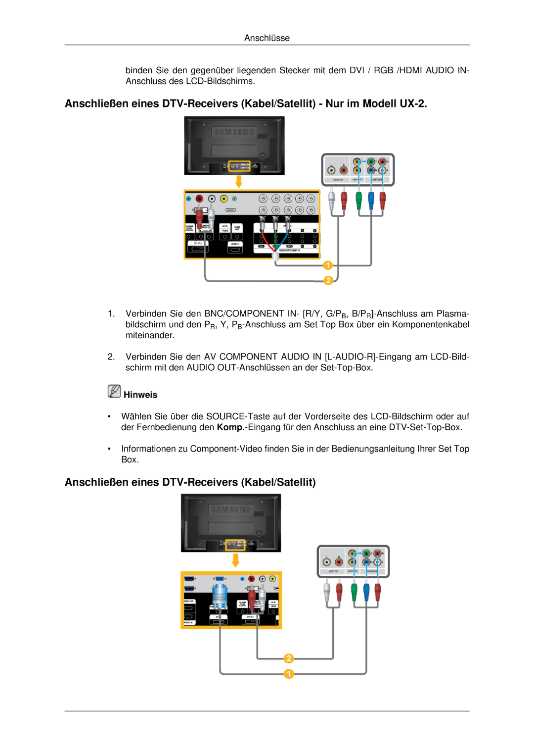 Samsung LH46MSTLBB/EN, LH46MSTABB/EN, LH46MRPLBF/EN, LH40MRTLBC/EN manual Anschließen eines DTV-Receivers Kabel/Satellit 