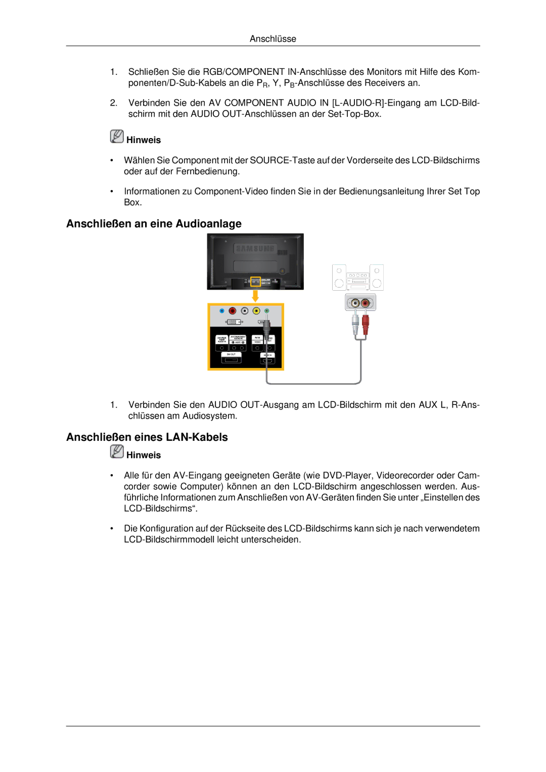 Samsung LH46MSTABB/EN, LH46MRPLBF/EN, LH40MRTLBC/EN manual Anschließen an eine Audioanlage, Anschließen eines LAN-Kabels 