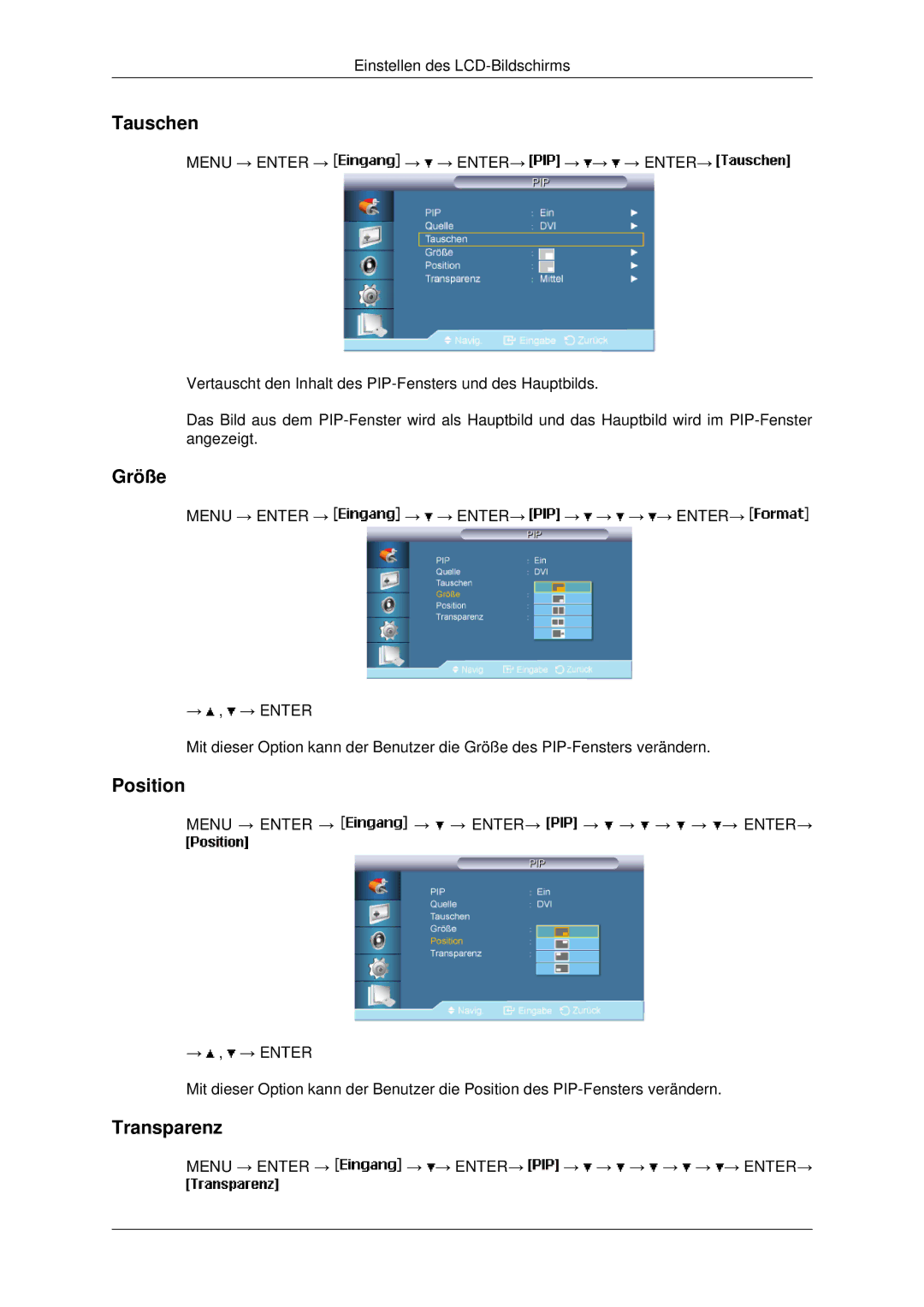 Samsung LH46MRPLBF/EN, LH46MSTABB/EN, LH40MRTLBC/EN, LH40MRPLBF/EN, LH46MRTLBC/EN manual Tauschen, Größe, Position, Transparenz 