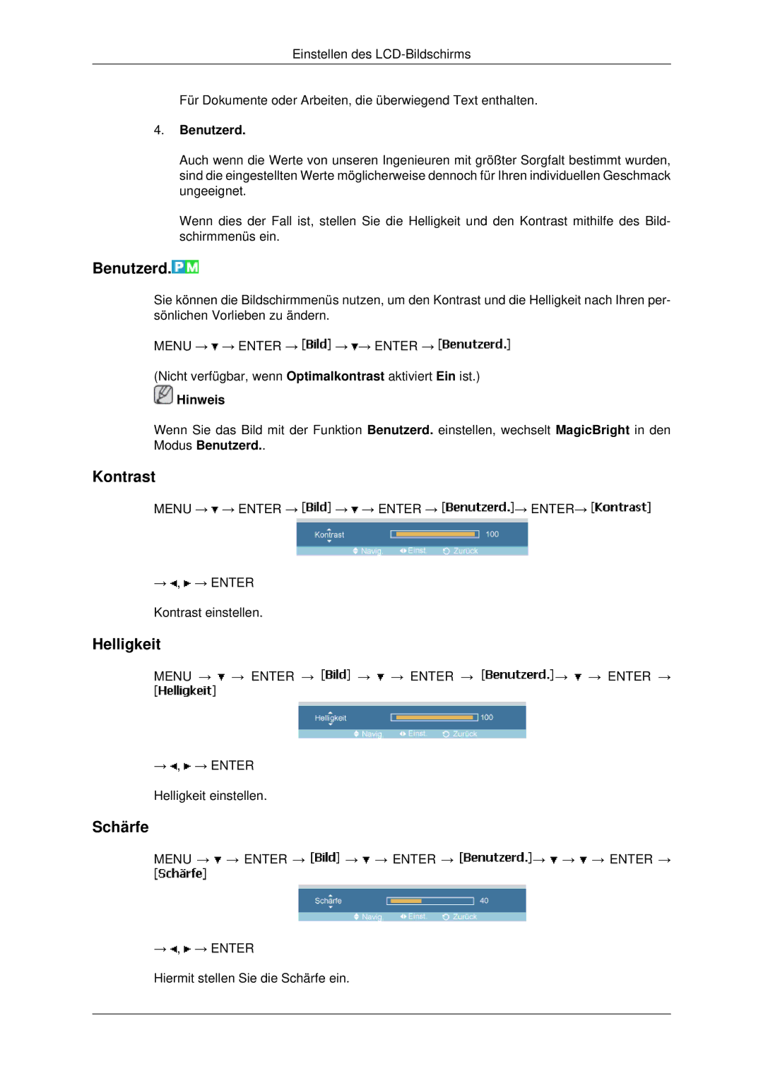 Samsung LH46MRTLBC/EN, LH46MSTABB/EN, LH46MRPLBF/EN, LH40MRTLBC/EN, LH40MRPLBF/EN Benutzerd, Kontrast, Helligkeit, Schärfe 