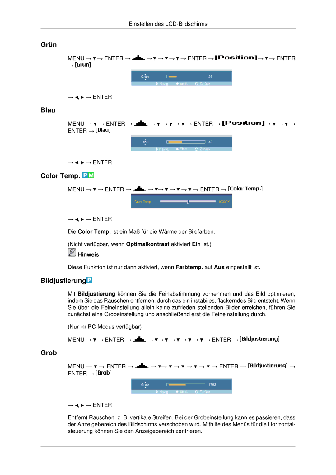 Samsung LH46MSTABB/EN, LH46MRPLBF/EN, LH40MRTLBC/EN, LH40MRPLBF/EN manual Grün, Blau, Color Temp, Bildjustierung, Grob 