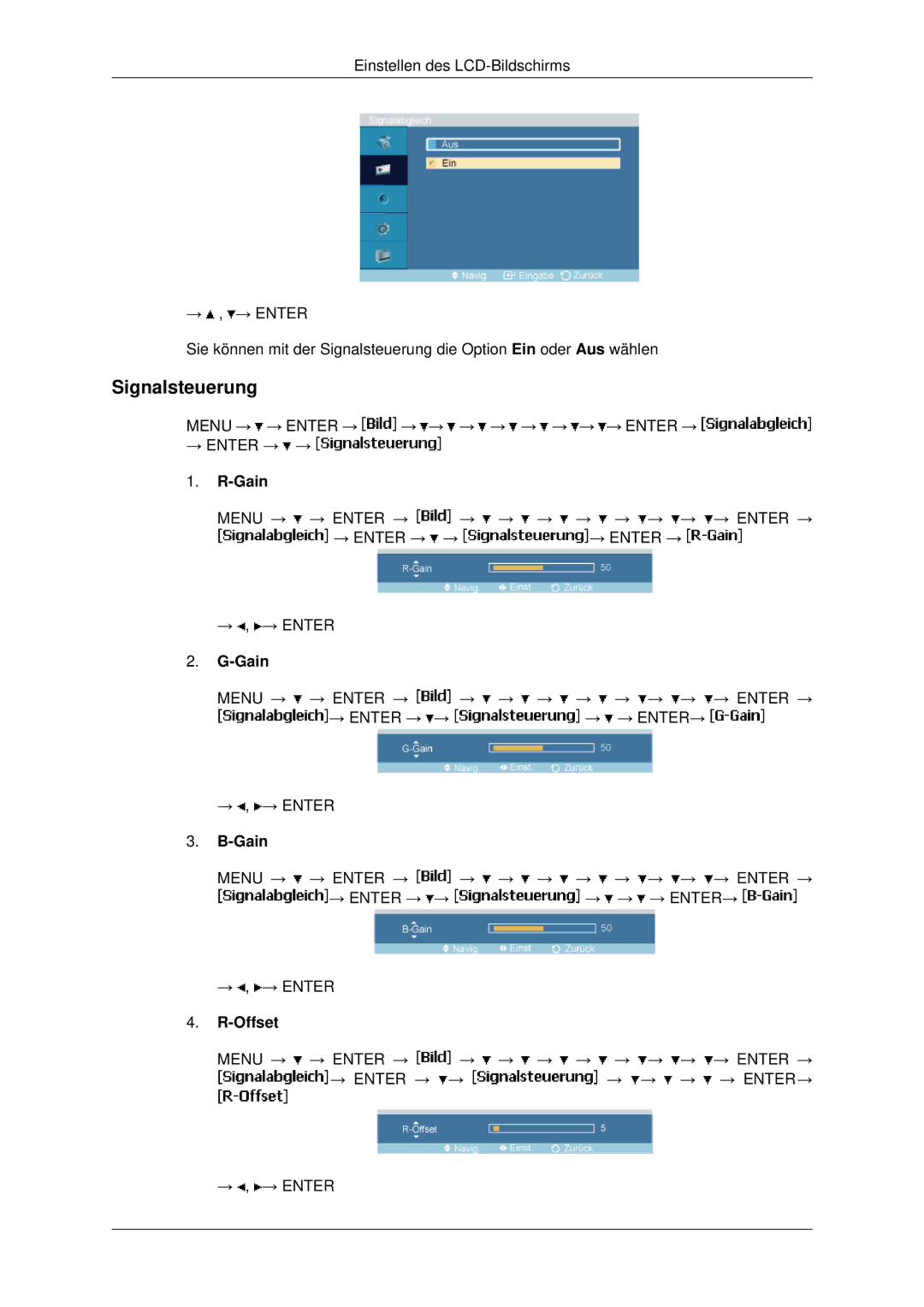 Samsung LH40MRTLBC/EN, LH46MSTABB/EN, LH46MRPLBF/EN, LH40MRPLBF/EN, LH46MRTLBC/EN, LH46MSTLBB/EN Signalsteuerung, Gain, Offset 